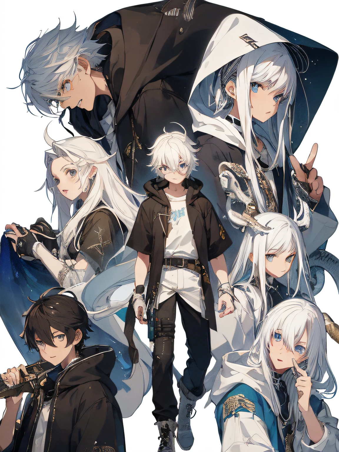 (masterpiece、top-quality、hightquality)、a 15 year old boy、Comes with white hood、The long-haired、white hair、Stand on white background、snake motif、Laughed、verd s eyes、researcher、character designs、a belt、Modern、cyberpunked、neuter、shortpants