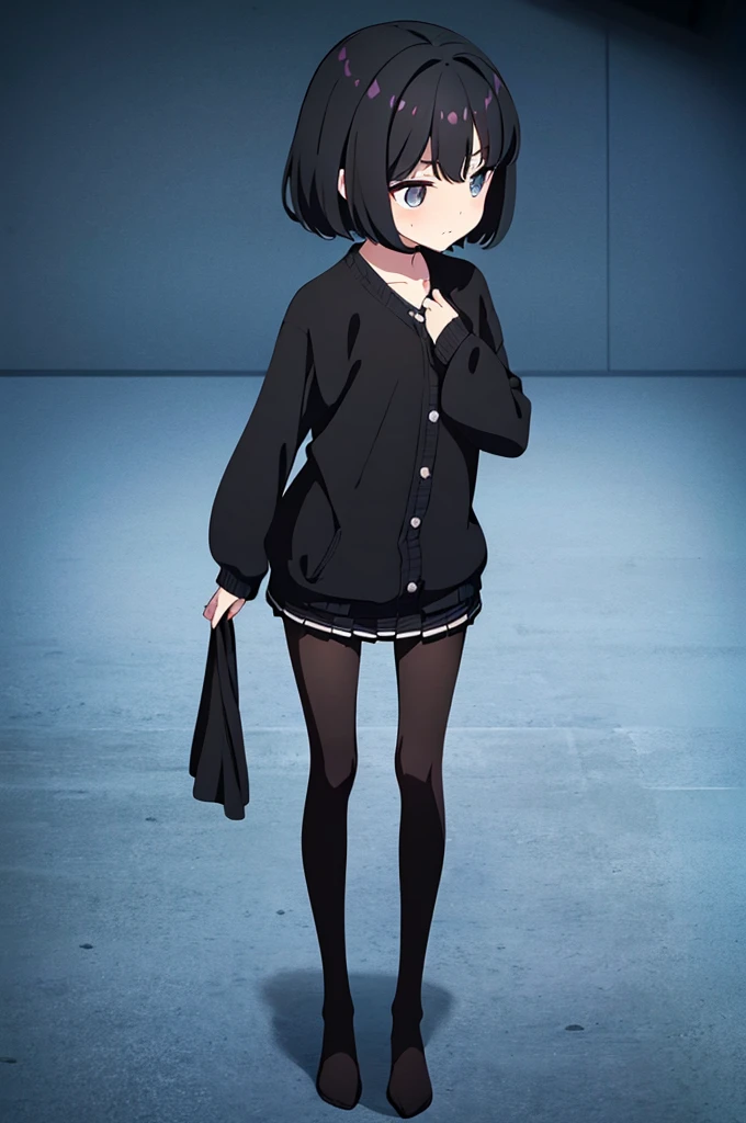 ((masterpiece, best quality, very detailed, animayle)), 1female_, solo, ((emaciated)), (small_breast), kawaii, expressionless, black_hair, short_hair, thin_eyebows, black cardigan, long_sleeves, plkirt, full_body, standing, looking_at_viewer, no background