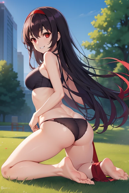 kasumigaokautaha, ((full body)), ((full pose)), ((slim body)), ((perfect body)), ((slim legs)), utaha kasumigaoka, black hair, hairband, long hair, (red eyes:1.5), masterpiece, best quality, highres, kasumigaoka utaha, 1girl, solo, ((kneeling on grass)), ((spread leglack underwear)), medium breasts, blushing, black hair, hairband, red eyes, ((white hairband)), bangs, medium breasts, blushing, ((wide smile face:1.4)), cowboy shot, ((looking back)), playground background, sunny day,