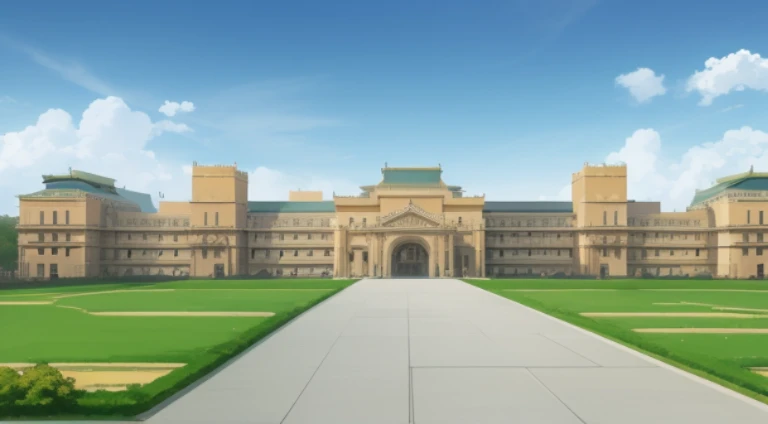 There a building,There a long walkway ahead, palace background, Madhouse Studio anime style, animated still, Anime landscape concept art, anime still frame, style of madhouse anime, royal garden background, the wallpaper!, Anime background art, Japan High School, attack on titan scenery, Official artwork, A palace floating in the air, Opening scene