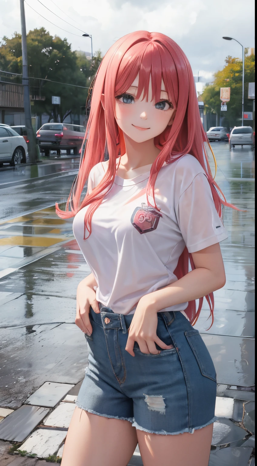 Nino Nakano sonriendo,cabello largo,sexy,ropa deportiva,Rainy Day, parque
