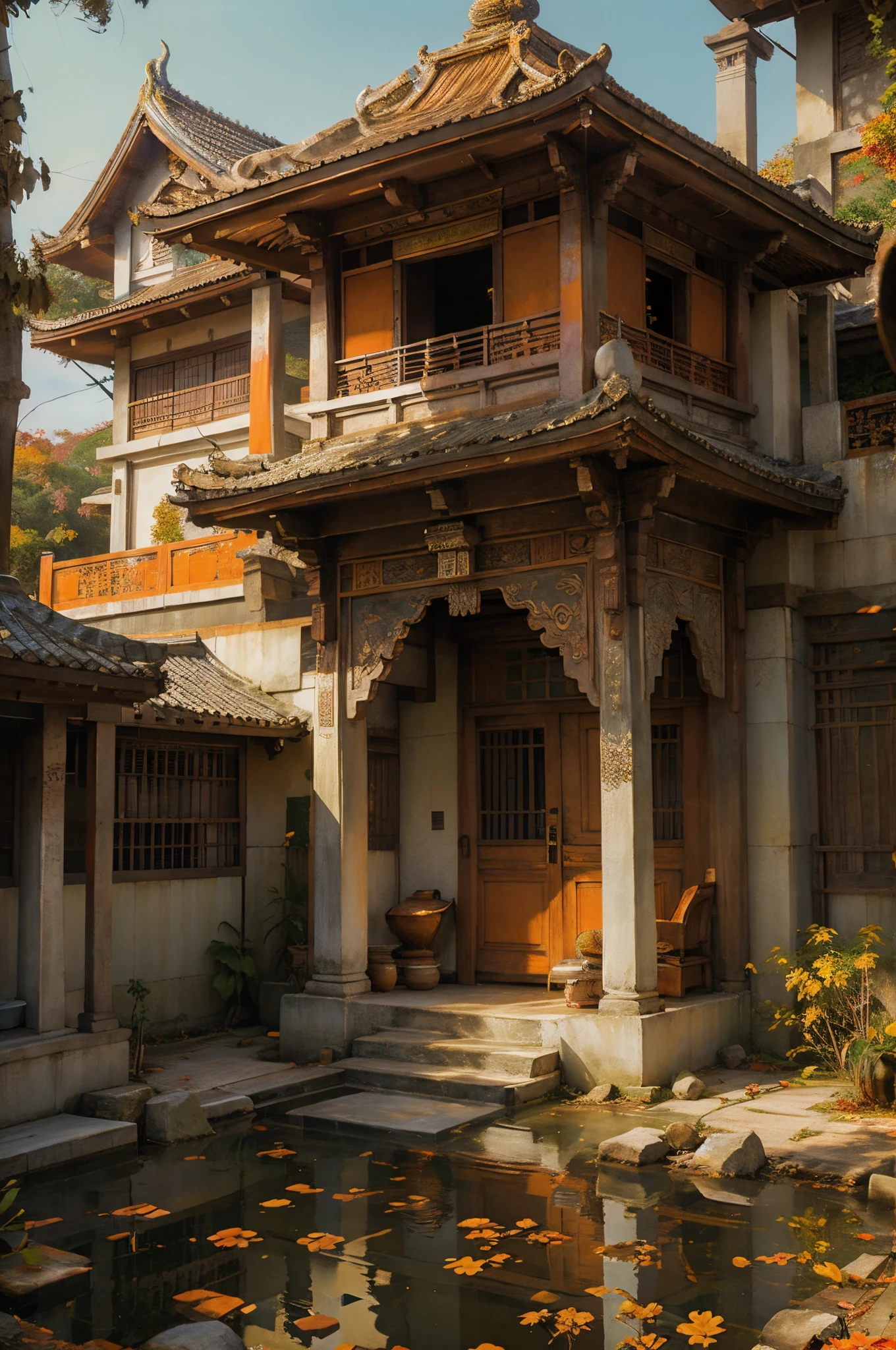 Digital painting of an Asian temple in autumn Serene, Majestic, Atmospheric, Realistic Soft light, highlighting details Medium angle, capturing the grandeur Palette of autumnal tones such as orange, brown and gold