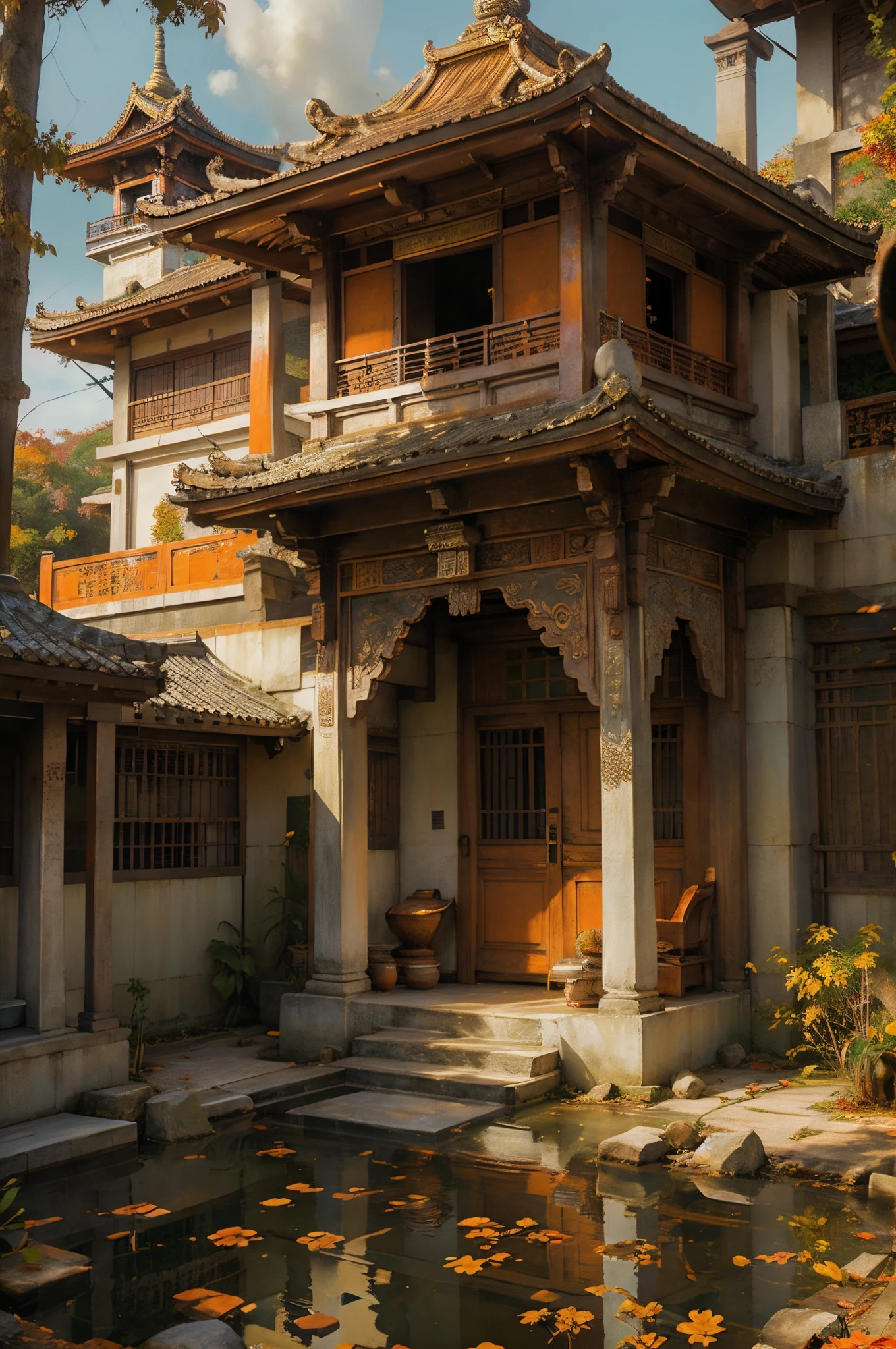 Digital painting of an Asian temple in autumn Serene, Majestic, Atmospheric, Realistic Soft light, highlighting details Medium angle, capturing the grandeur Palette of autumnal tones such as orange, brown and gold