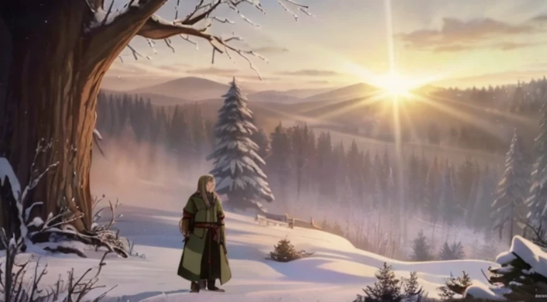 Animation scene of a person standing in the snow looking at a tree, boromir in an anime world, vinland saga, Screenshot of the animated movie, Boromir in 80\'s anime world, anime film still, Today’s recommended anime  still, beautiful anime scenes, beautiful scence, The most beautiful scene, anime movie screenshot