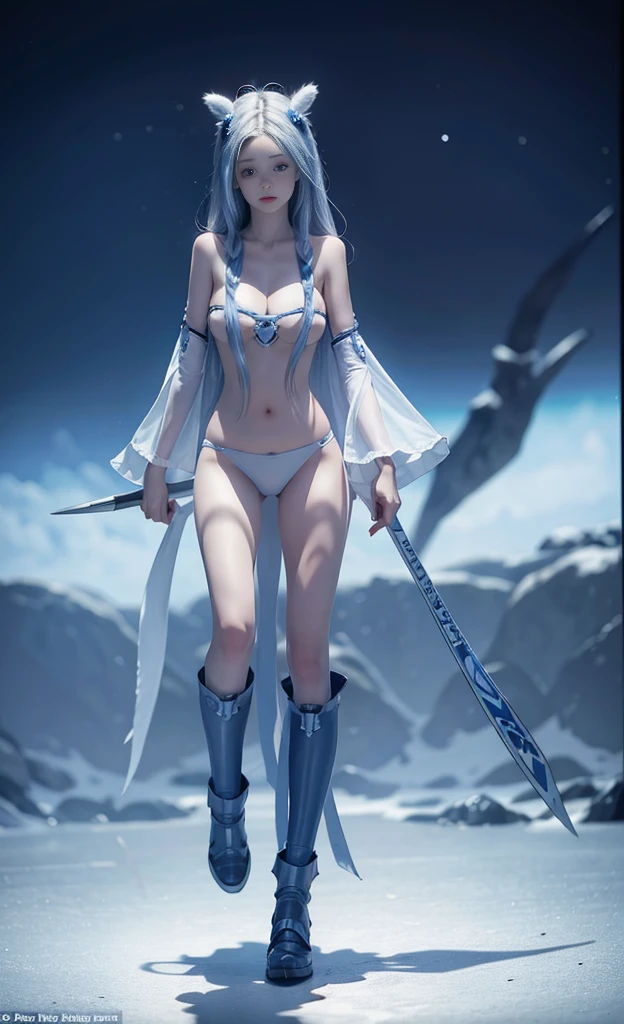 long whitr hair，Nice face，blue bikini armor，Heterochromatic pupil，Full body photo，half moon beach