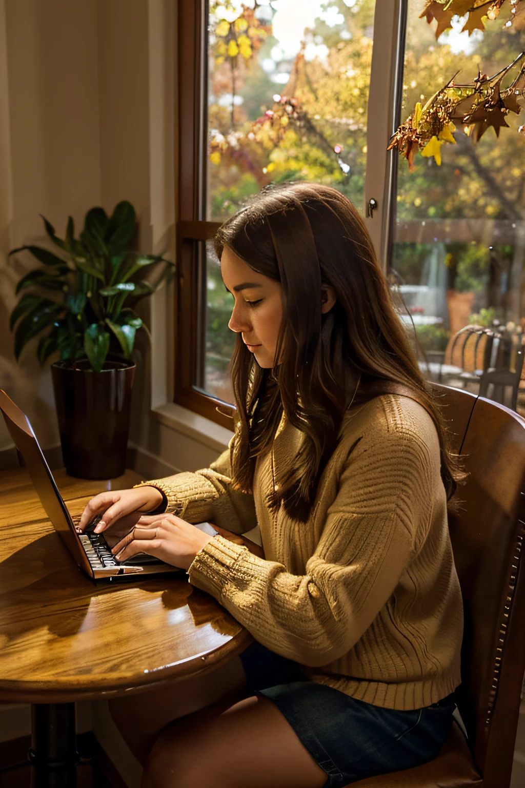 n the cozy ambiance of a cafe adorned in warm autumn hues, visualize a captivating scene of a girl immersed in her work on a laptop. The cafe  bathed in rich tones of deep oranges, soft browns, and muted golds, reminiscent of autumn leaves. Large windows allow the soft sunlight to filter through, casting a warm glow on the scene.

Seated at a comfortable corner table, the girl  engrossed in her laptop, surrounded by the seasonal charm of fall. The aroma of freshly brewed coffee mingles with the scent of cinnamon, enhancing the autumn atmosphere. Outside the window, a gentle breeze rustles through trees adorned with golden leaves, and a pumpkin spice latte sits beside her laptop.

Capture the details of her concentration, the warm color palette, and the cozy atmosphere of the cafe. Illustrate the seamless blend of productivity and autumnal tranquility as she works in this charming seasonal setting