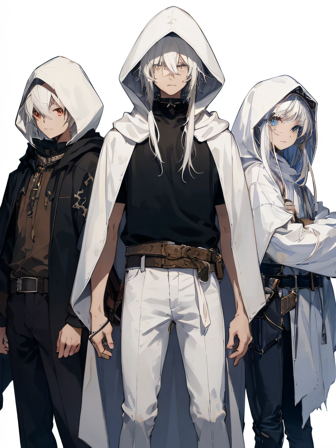 (masterpiece、top-quality、hightquality)、a 15 year old boy、white hood cloak、The long-haired、white hair、Stand on white background、snake motif、verd s eyes、researcher、character designs、a belt、Modern、cyberpunked、neuter、shortpants、seam、scarred