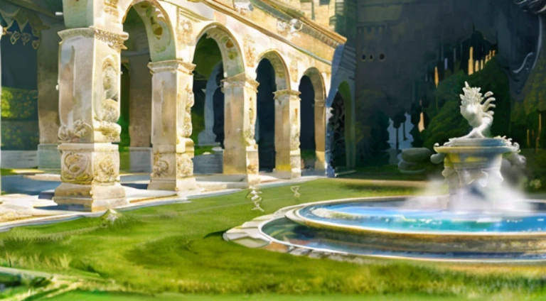 There  a fountain in the center of the green lawn, palace background, Epic spacious courtyard, royal garden background, arte de fundo, random background scene, A pool in a huge palace, background artwork, cathedral background, castle background, volley court background, inside a castle courtyard, Realistic establishing shot, courtyard, establishing shot, Fountains and arches