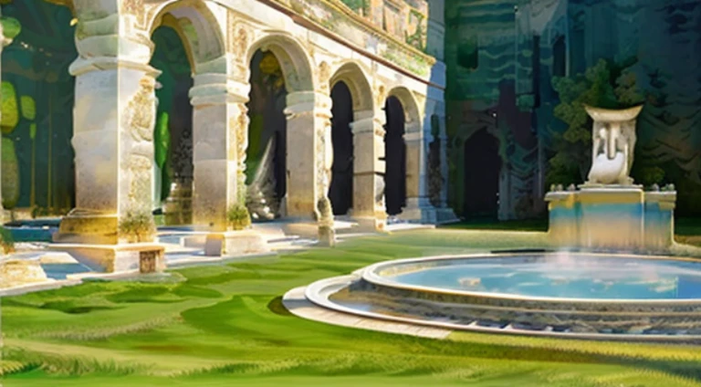 There a fountain in the center of the green lawn, palace background, Epic spacious courtyard, royal garden background, arte de fundo, random background scene, A pool in a huge palace, background artwork, cathedral background, castle background, volley court background, inside a castle courtyard, Realistic establishing shot, courtyard, establishing shot, Fountains and arches