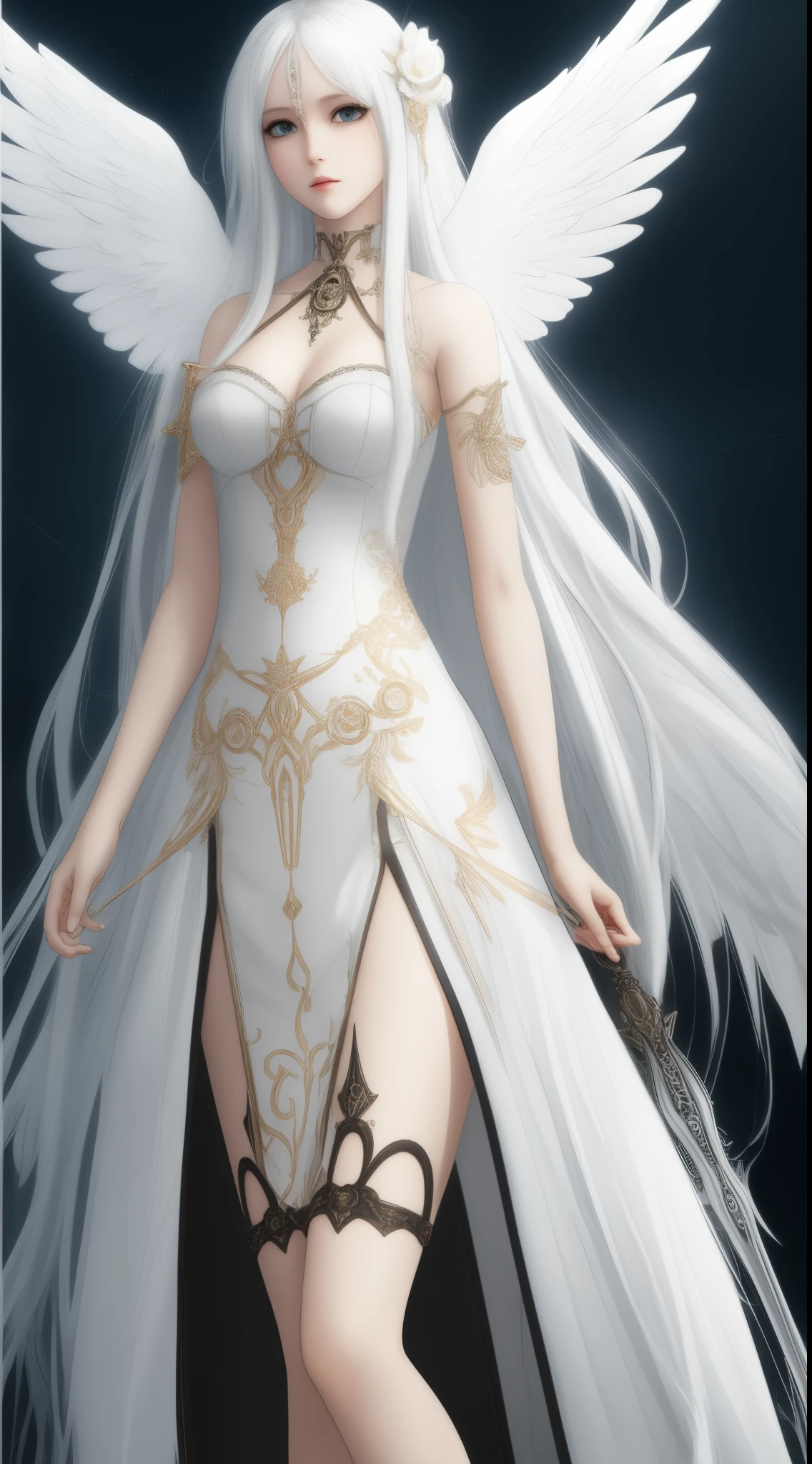 Steampunk beautiful angel girl long white hair Fantasia perfectly proportions Based on the diagram above、Please draw another variation of the angel。.。 Please use the jet black sickle.。