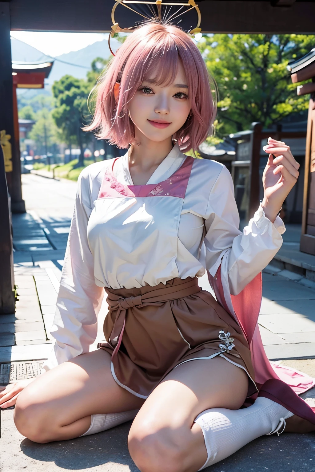 18 year old beautiful girl, masterpiece, best quality, 8K animation, detailed fingers, precise fingers, not unnatural hands, illustration, 1 girl, solo, pink bob cut, gold crown, flower hair ornament, sagging eyes, red mini skirt, YUI