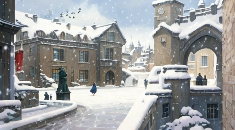 There  a painting of a snowy courtyard，statue with a bird on it, Arte conceitual de inverno, immensely detailed scene, anime scene, Anime landscape concept art, beautiful anime scenes, attack on titan scenery, castle scene manga, Snowy environment, Thick winter aesthetics, RPG scenario, Opening scene, Magic fantasy 2D concept art, Inspired by Benoit, concept art scene