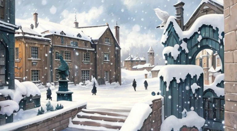 There a painting of a snowy courtyard,statue with a bird on it, Arte conceitual de inverno, immensely detailed scene, anime scene, Anime landscape concept art, beautiful anime scenes, attack on titan scenery, castle scene manga, Snowy environment, Thick winter aesthetics, RPG scenario, Opening scene, Magic fantasy 2D concept art, Inspired by Benoit, concept art scene
