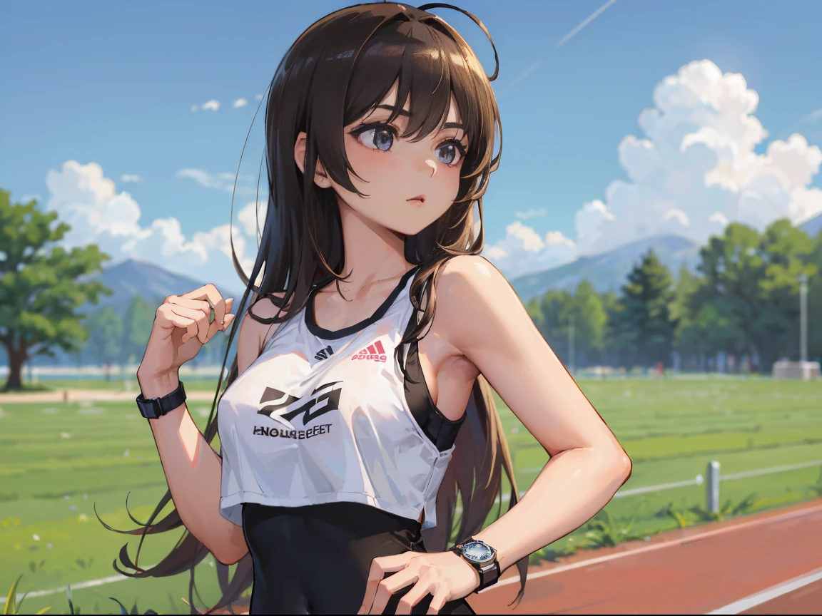 (((masterpiece))), ((one) girl 26 year old) (((Caucasian))) ((small breast)) French girl with shoulder length messy brunette hair, she petite. She wearing running gear, (((has sports watch))),she running, outdoor running track, taken with, Canon 85mm lens, extreme quality, realistic skin, sunny day, heavy makeup, very high quality, flawless beauty,