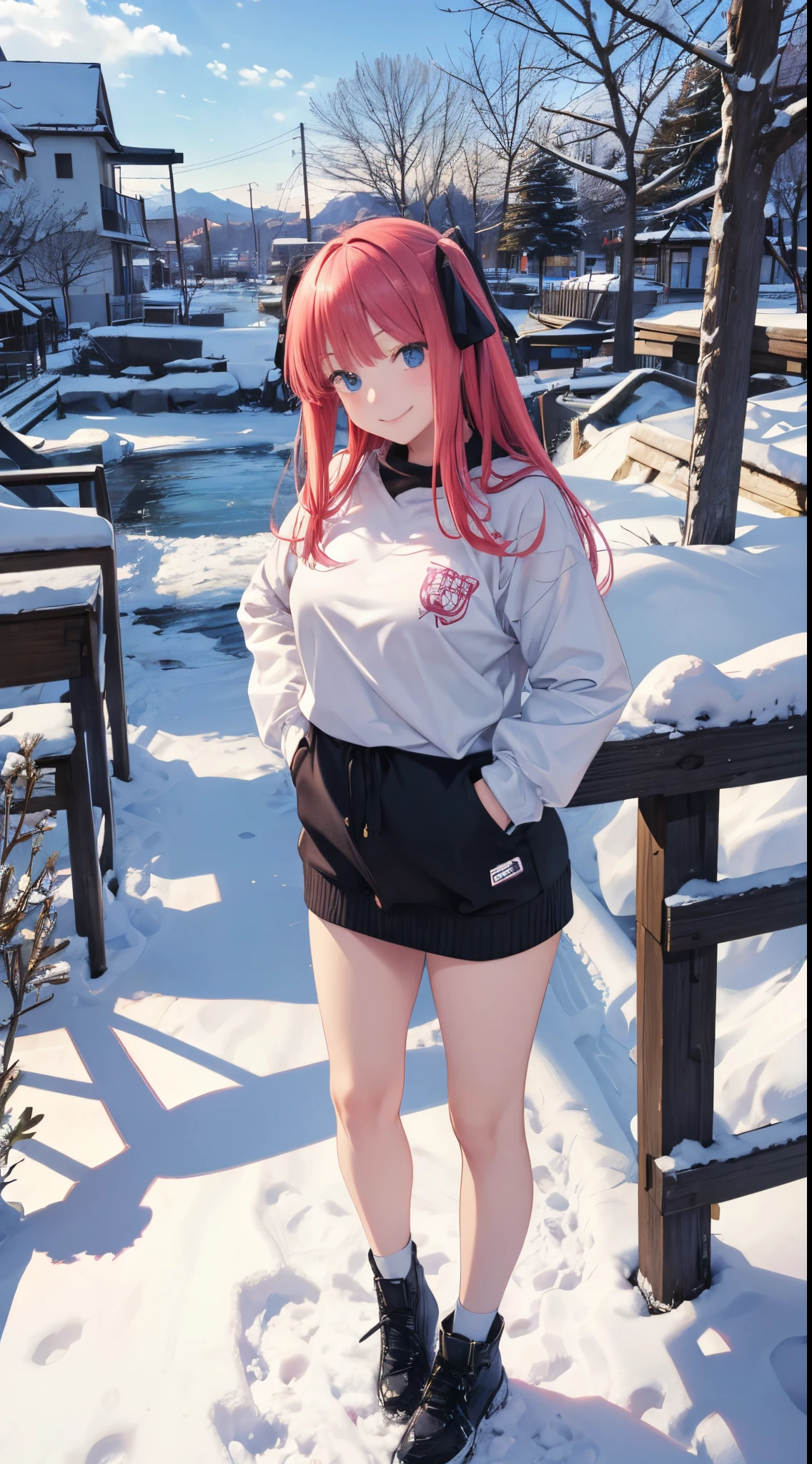 Nino Nakano sonriendo,cabello largo,sexy,ropa de nieve,parque nevado