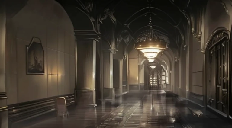 There's a long corridor there,There a clock and a chandelier, dramatic lights. concept-art, Raphael Crocodile (raphael lacosyle of, Anime landscape concept art, environment and concept art, dramatic concept art, Inspired by Raphael Crocodile, Concept art stunning atmosphere, infinite corridor, concept-art, movie environment design, professional concept art, Detailed lighting and textures, hallway landscape, concept art scene
