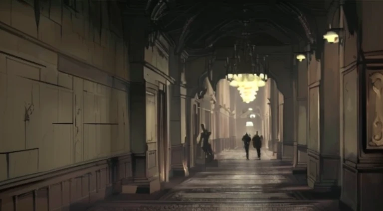 There's a long corridor there,There a clock and a chandelier, dramatic lights. concept-art, Raphael Crocodile (raphael lacosyle of, Anime landscape concept art, environment and concept art, dramatic concept art, Inspired by Raphael Crocodile, Concept art stunning atmosphere, infinite corridor, concept-art, movie environment design, professional concept art, Detailed lighting and textures, hallway landscape, concept art scene