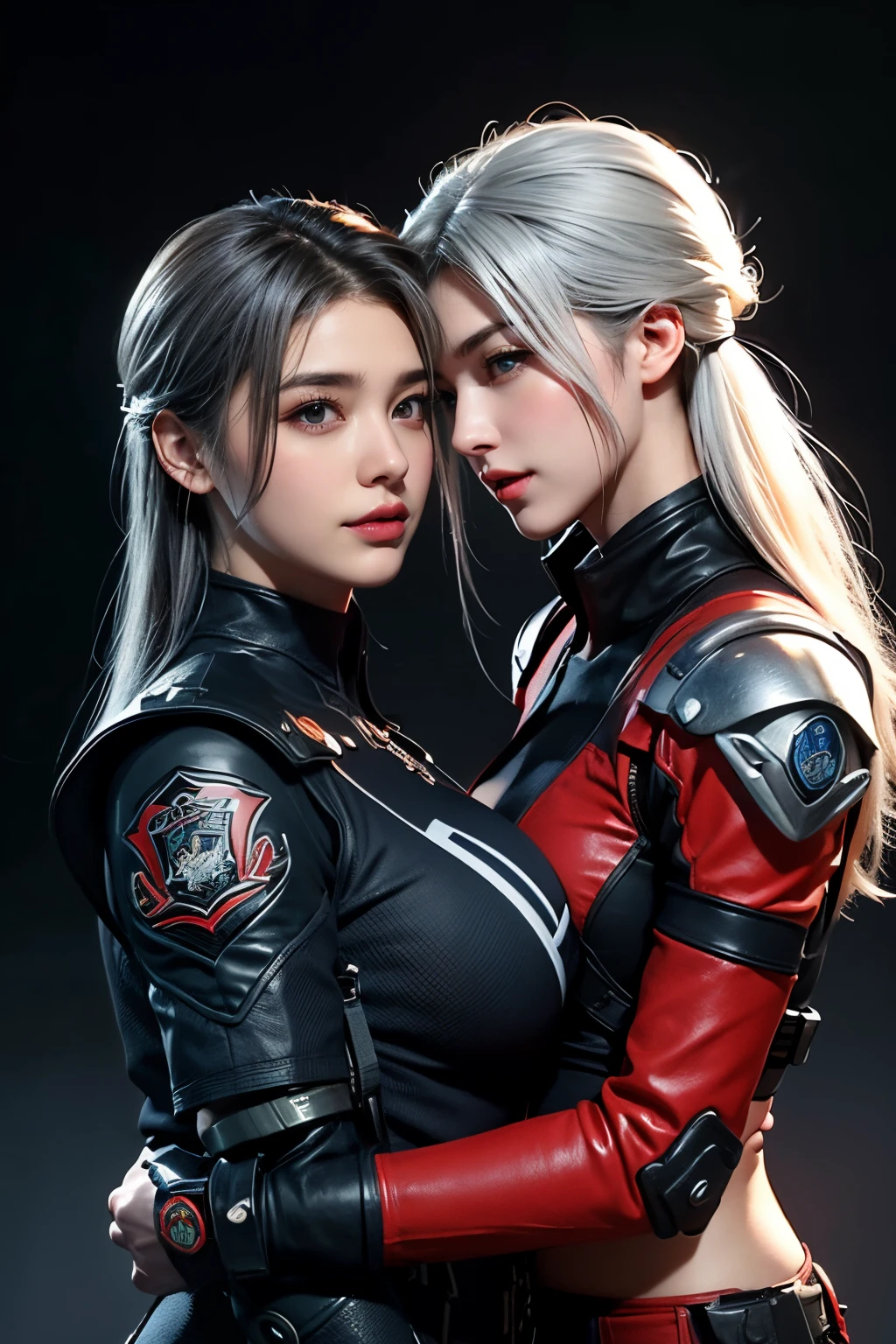 high high quality,A high resolution,masterpiece,8K,(Hyperrealistic photos),(Portrait),digital photography,(真实感:1.4),Two girls hugging and kissing each other,exquisite facial features,a purple eye,Red Eyeshadow,((Two hugging and kissing girls)),Random hairstyles,(white color hair),Big breasts,(Sci-fi and realistic police uniforms,Combat uniforms,Openwork design,power armour,Metal shoulder pads,complex clothing patterns,Exquisite police badge),Keep your mouth shut,elegant and charming,Smile shyly,extremely detailed expression,realistic detail,Light magic,hugs,kiss,oc render reflection texture