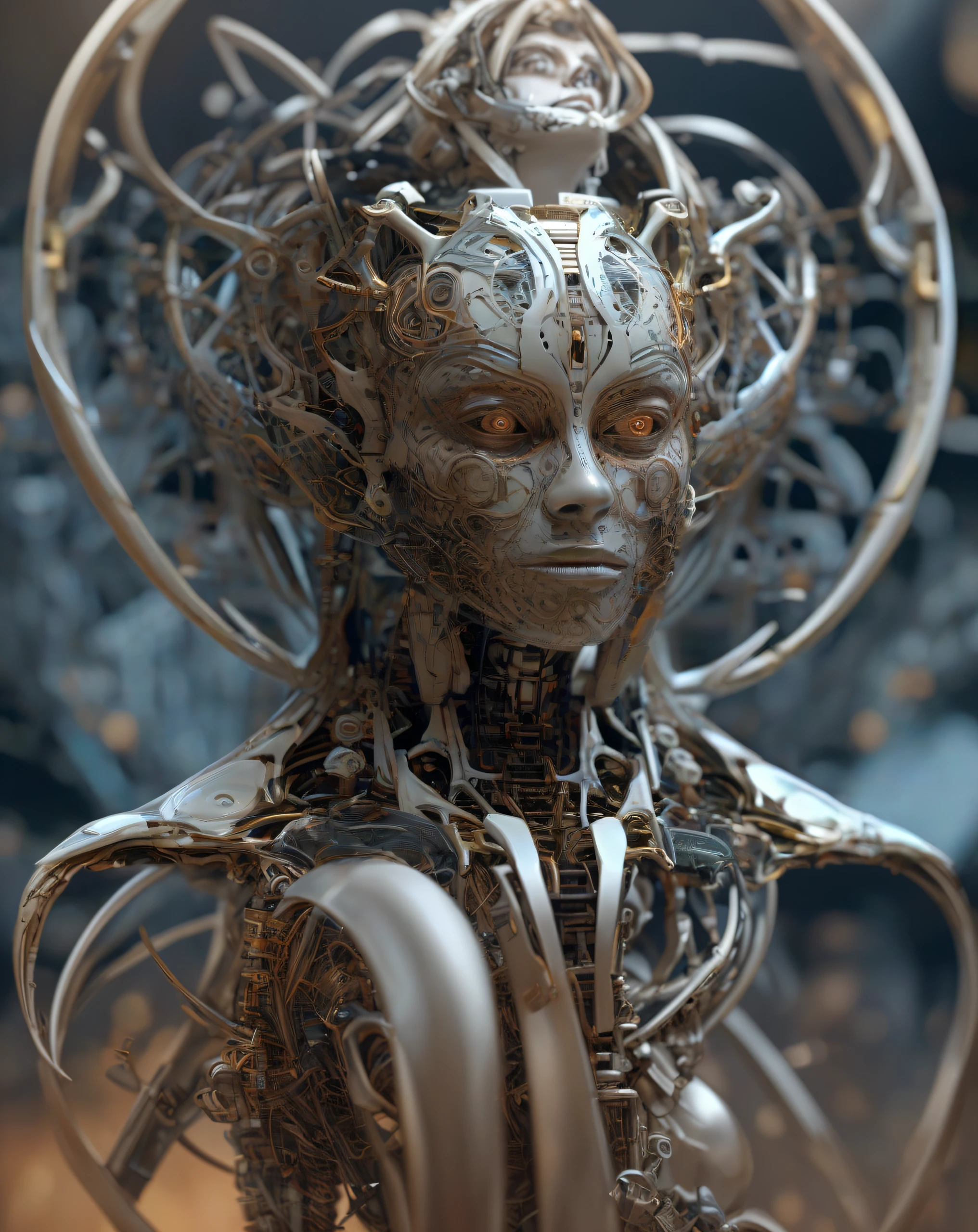 there  a sculpture of a woman with a head made of metal, intricate transhuman, portrait of female humanoid, detailed portrait of a cyborg, detailed humanoid, cybernetic and highly detailed, highly detailed cybernetic body, portrait of a cyborg queen, intricate mechanical body, intricate cyborg, cybernetic machine female face