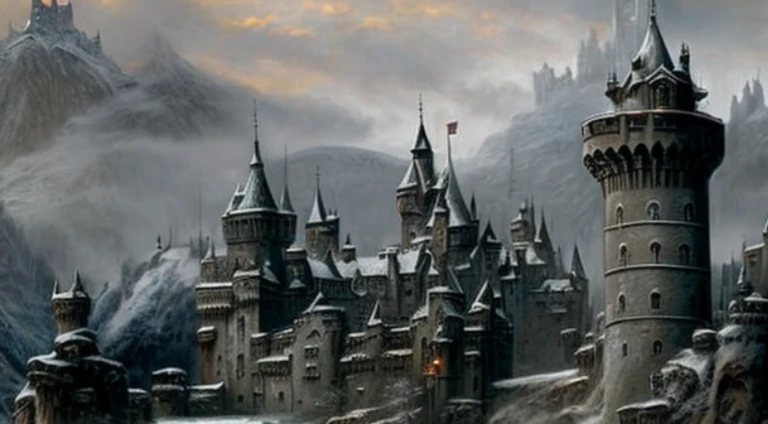 there a castle there,Lots of windows and lots of snow, castle background, detailed matte painting, Epic castle with towering spiers, Castle setting, Gondor, dark pastel castle background, High fantasy castle, A matte painting, Detailed matte painting, illustration matte paint painting, borgar, Highly detailed matte painting, elaborate matte painting