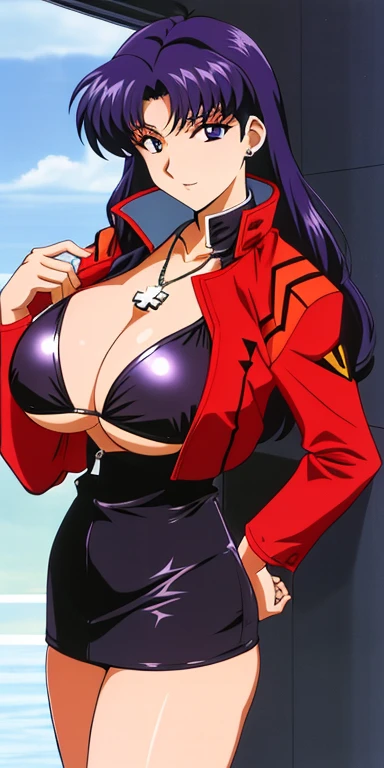 katsuragi_misato, huge_breasts, standing, solo, Misato_cross_necklace, black_pencil_dress_high_collar_red_jacket, masterpiece, best quality, detailed face, detailed eyes, highres, bikini,busty