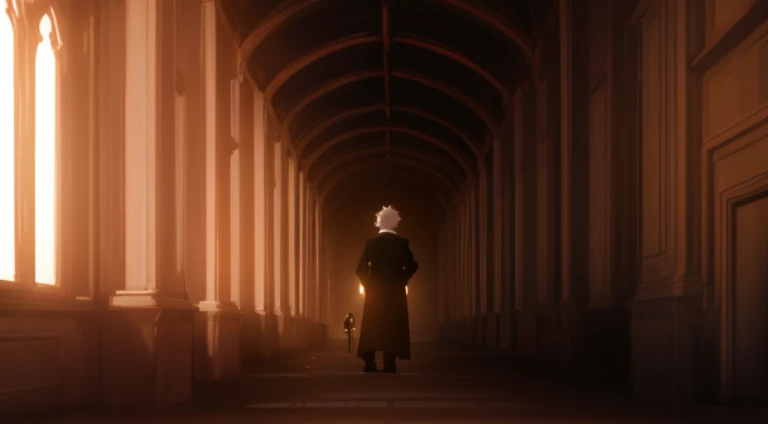 Image of husband walking alone through corridor,There are lights on the ceiling, In animated films《erg》Curly, in anime series《ergo proxy》Curly, dramatic lights. concept-art, Anime background art, in an ancient vault, interior background art, random background scene, infinite corridor, in the anime film, cathedral background, in dungeon background