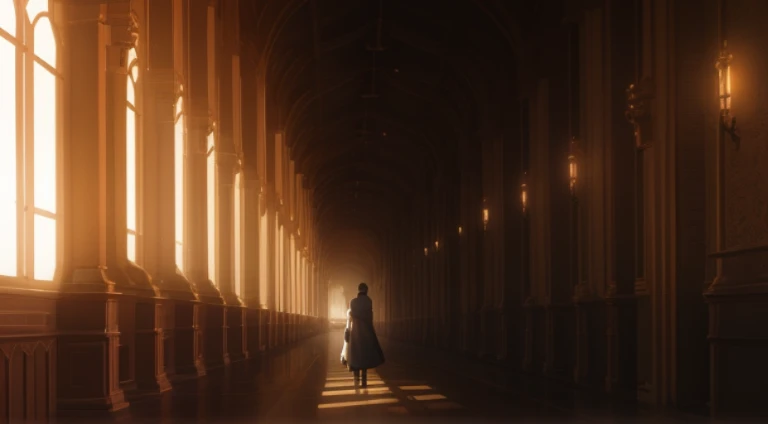 Image of husband walking alone through corridor,There are lights on the ceiling, In animated films《erg》Curly, in anime series《ergo proxy》Curly, dramatic lights. concept-art, Anime background art, in an ancient vault, interior background art, random background scene, infinite corridor, in the anime film, cathedral background, in dungeon background