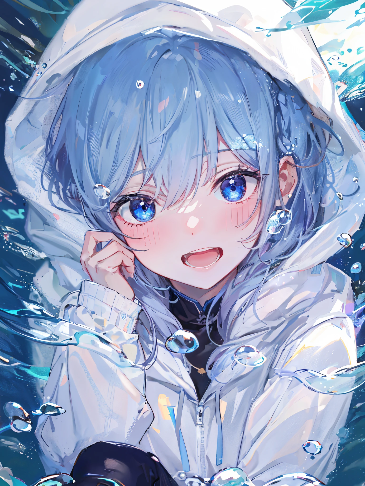 ((top-quality)), ((​masterpiece)), ((ultra-detailliert)), (Extremely delicate and beautiful), girl with, 独奏, cold attitude,((White hoodie)),She is very(relax)with  the(Settled down)Looks,depth of fields,Evil smile,Bubble, under the water, Air bubble,Underwater world bright light blue eyes,inner color with bright gray hair and light blue tips,,,,,,,,,,,,,,,,,,,Cold background,Bob Hair - Linear Art, shortpants、knee high socks、White uniform like school uniform、Light blue ribbon ties、Clothes are sheer、The hand in my right pocket is like a sapphire,Fronllesse Blue, A small blue light was floating、fantastic eyes、selfy,Self-shot,Smile Face