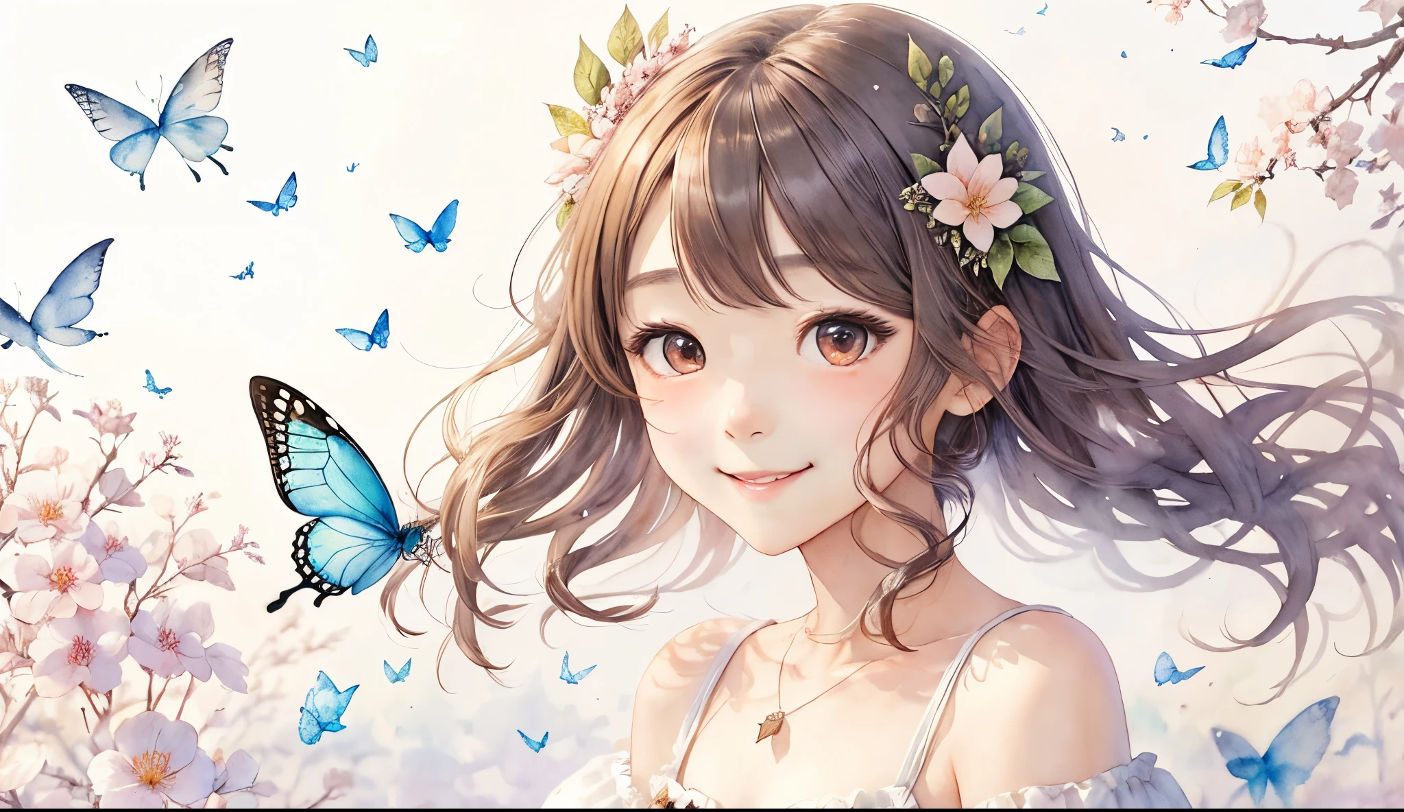 illustratio、watercolor paiting、 Fantasia、 Fairy Girl、length hair、cute little、butterflys々Fluttering、Deformed、portraitures、Smile、