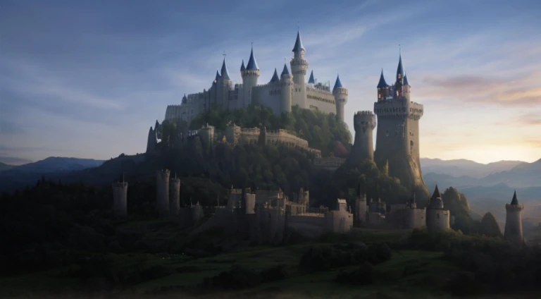 There a castle on the hill,In the background are the sky, Stunningly beautiful matte painting, beautiful matte painting, high quality matte painting, Extremely detailed matte painting, Highly detailed matte painting, very beautiful matte painting, detailed matte painting, A beautiful matte painting, Delicate matte painting, stunning matte painting, realistic matte painting, Epic castle,Paintings with tall spires