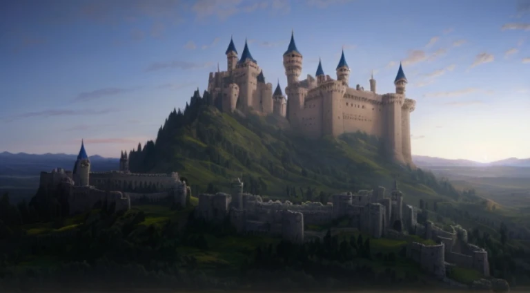 There a castle on the hill,In the background are the sky, Stunningly beautiful matte painting, beautiful matte painting, high quality matte painting, Extremely detailed matte painting, Highly detailed matte painting, very beautiful matte painting, detailed matte painting, A beautiful matte painting, Delicate matte painting, stunning matte painting, realistic matte painting, Epic castle,Paintings with tall spires