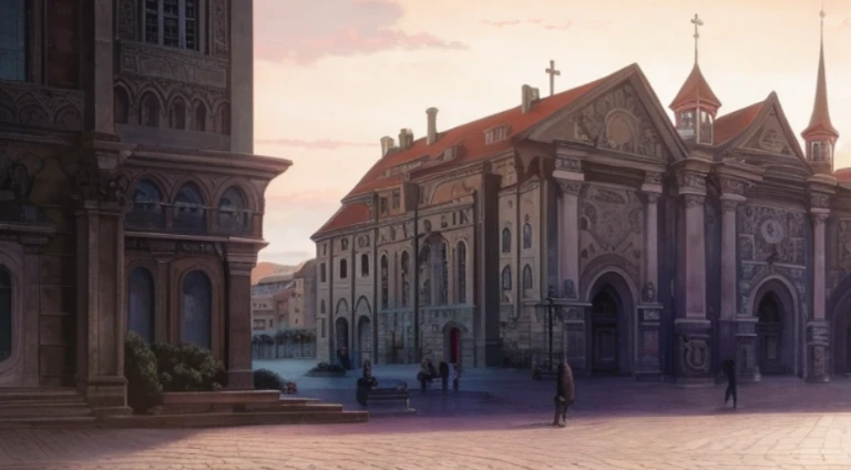 There  a building，There  a fountain in front, Small town background, Renaissance port city background, palace background, illustration matte painting, stylized fantasy artwork, complex realistic painting, medieval city background, Fantasy cityscape, Highly detailed matte painting, Downtown background, cathedral background, author：Otaka Kubin, hyperdetailed matte painting