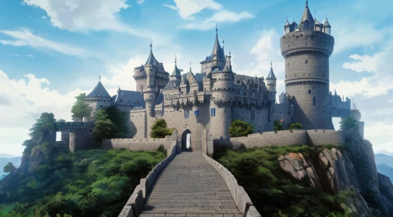 There  a castle on the hill，There  a bridge above, castle scene manga, Beautiful castle, castle background, Castle setting, huge castle, walk in the castle, Epic castle with towering spiers, High fantasy castle, Epic Castle, castle in the sky style, ( castle in background ), Fantasy castle, beautiful anime scenes, anime scene, huge castle wall