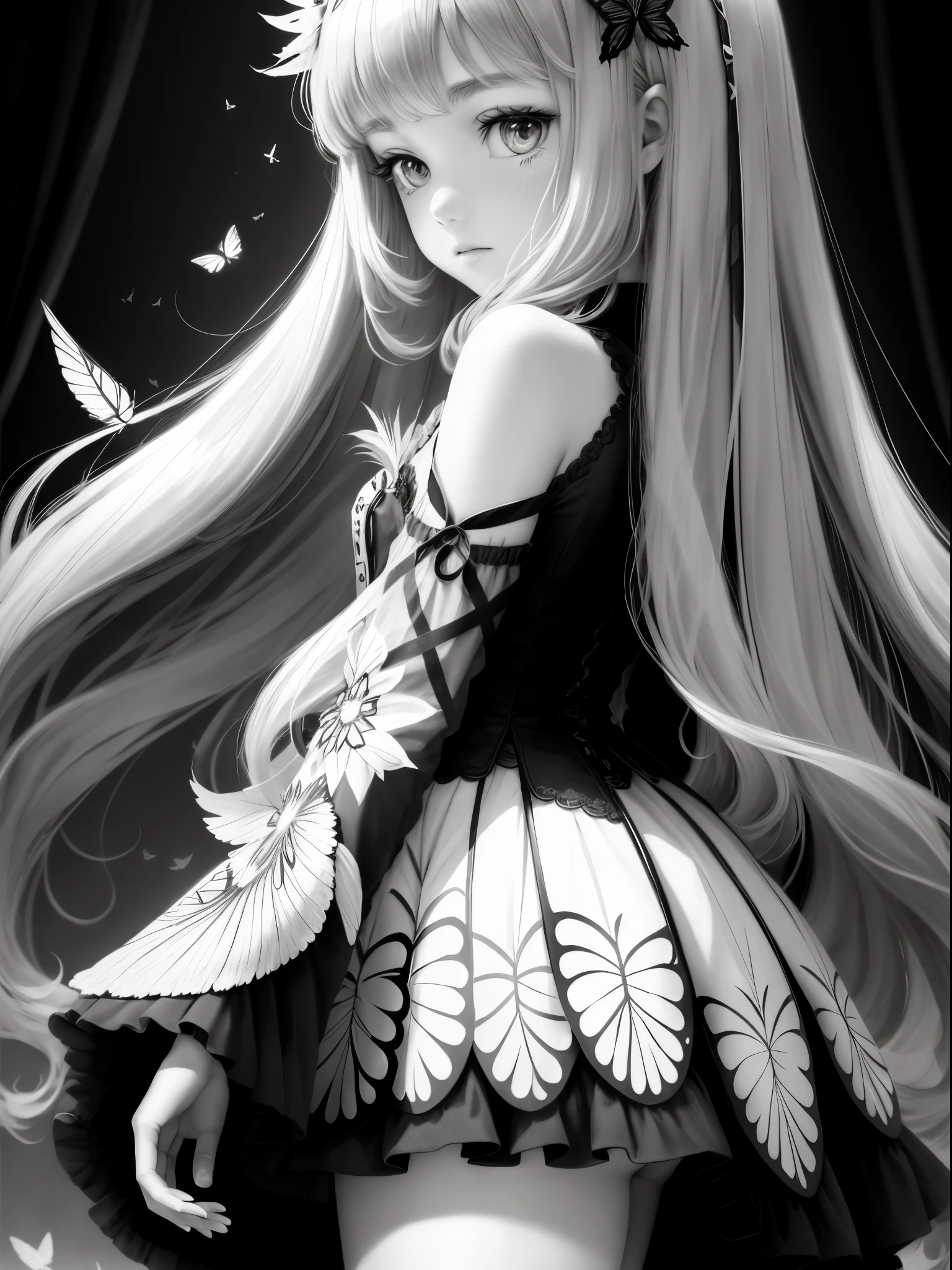 doodle　butterflys々Feathers of　teens girl　monochromes　portraitures　shiny long hair　Please refer to the picture above