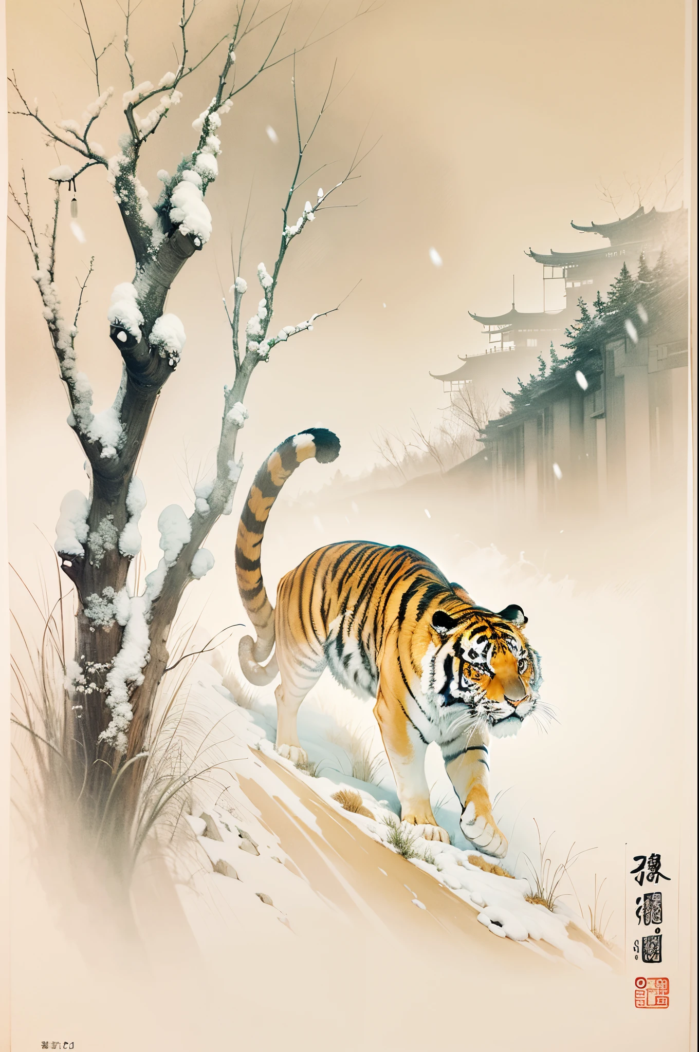 minimal art，Oyuki，Tiger walking on snow，Traditional chinese painting，8K分辨率