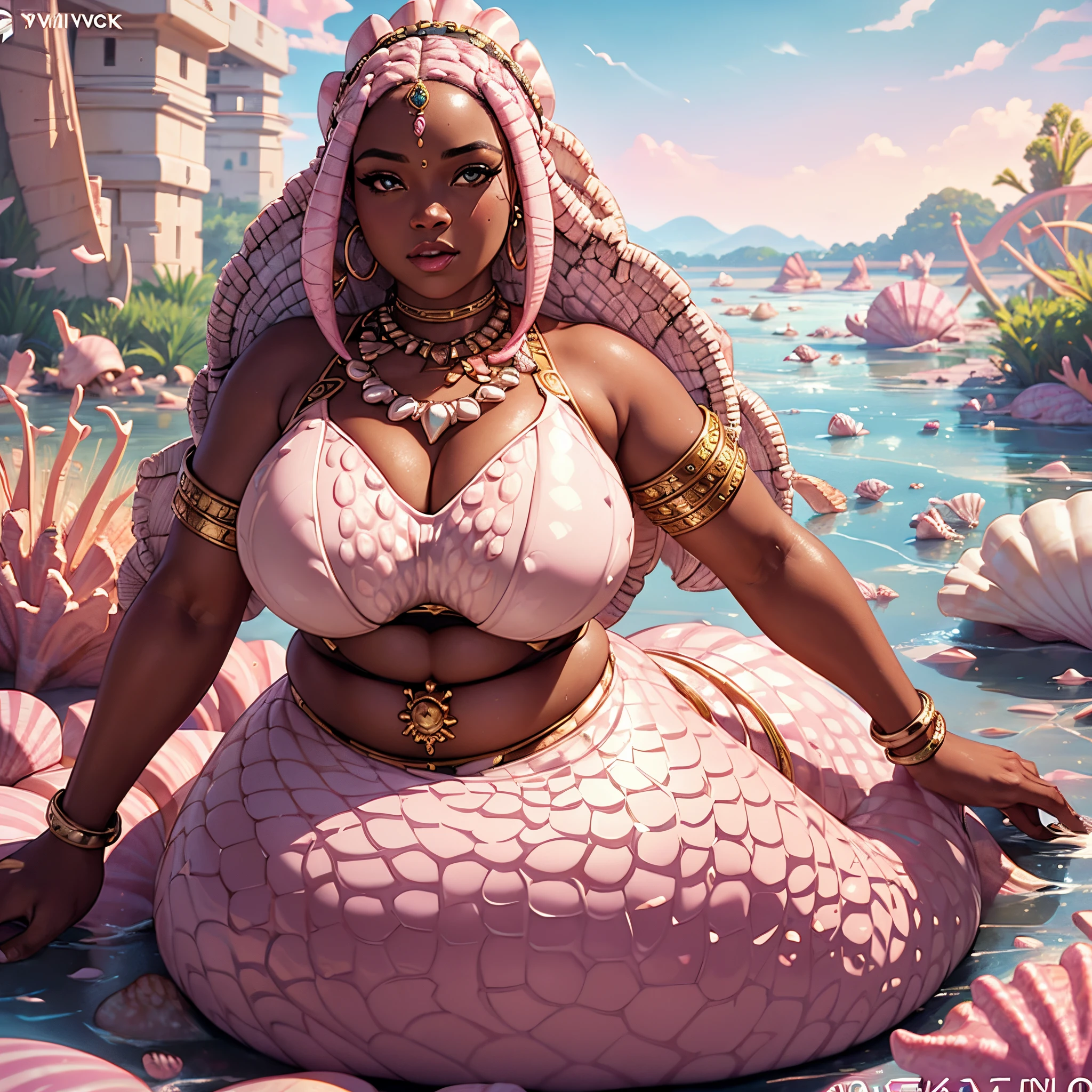 Snake queen surrounded by snakes on water, Full body shot, (fat) body, afrofuturism fashion, fashion, thick woman, a african snake queen wearing a long pink traditional african warrior armor inside the river)), warrior armor, fat, african details, ((beautiful face)), white and pink aesthetic, ((cowrie sea shells)), luxury, necklaces, ((river background:1.5)), Orisha, jewelry made of sea shells, digital art design, detailed, dramatic lighting, photorealistic, trending on artstation, realistic skin texture