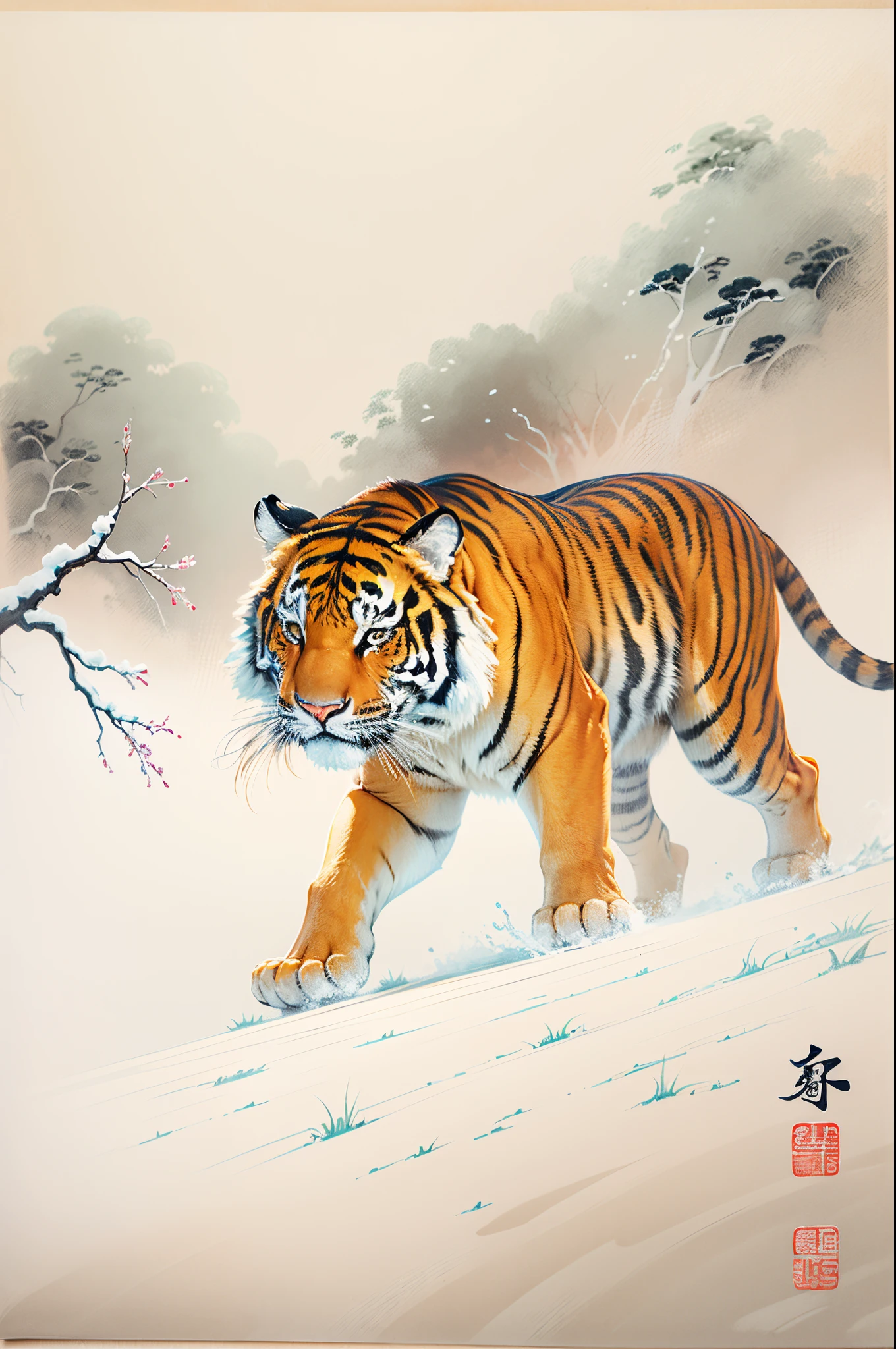 minimal art,Oyuki,Tiger walking on snow,Traditional chinese painting,8K分辨率