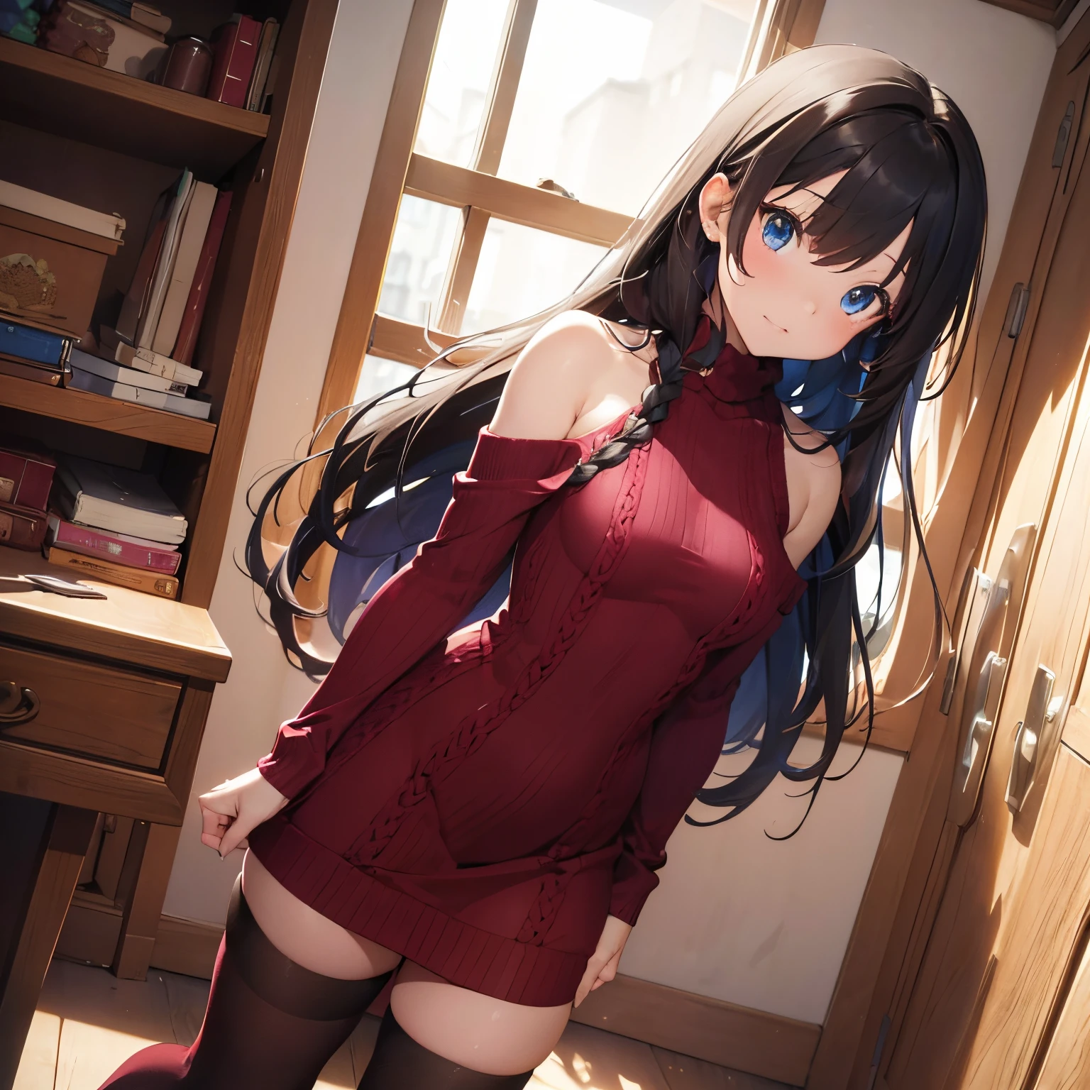 (Masterpiece, best quality, highest definition, most beautiful, colourful), (1girl), (19 years old), ((tight shoulderless burgundy knitted dress)), (long dark braided thick brunette hair), black thigh high socks, blue eyes, standing, at home, full body image