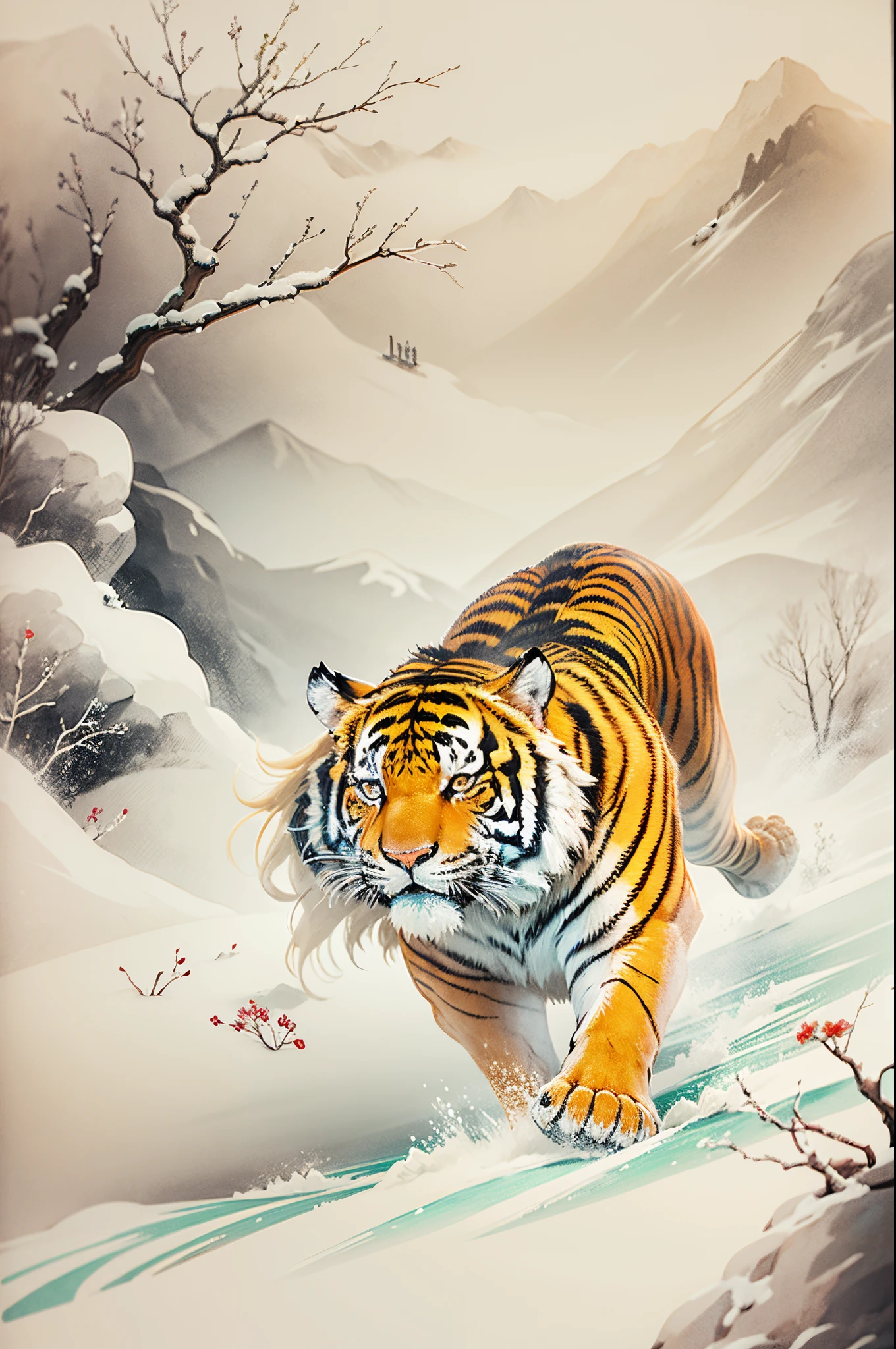 minimal art,Oyuki,Tiger walking on snow,Traditional chinese painting,8K分辨率