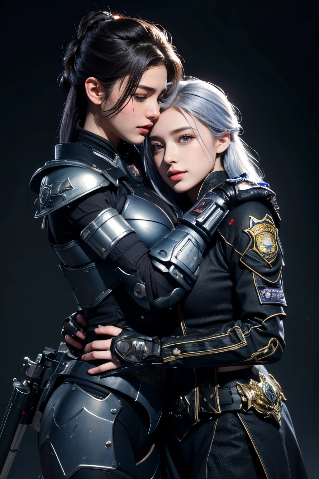 high high quality,A high resolution,masterpiece,8K,(Hyperrealistic photos),(Portrait),digital photography,(真实感:1.4),Two girls hugging and kissing each other,exquisite facial features,a purple eye,Red Eyeshadow,((Two hugging and kissing girls)),Random hairstyles,(white color hair),Big breasts,(Sci-fi and realistic police uniforms,Combat uniforms,Openwork design,power armour,Metal shoulder pads,complex clothing patterns,Exquisite police badge),Keep your mouth shut,elegant and charming,Smile shyly,extremely detailed expression,realistic detail,Light magic,hugs,kiss,oc render reflection texture