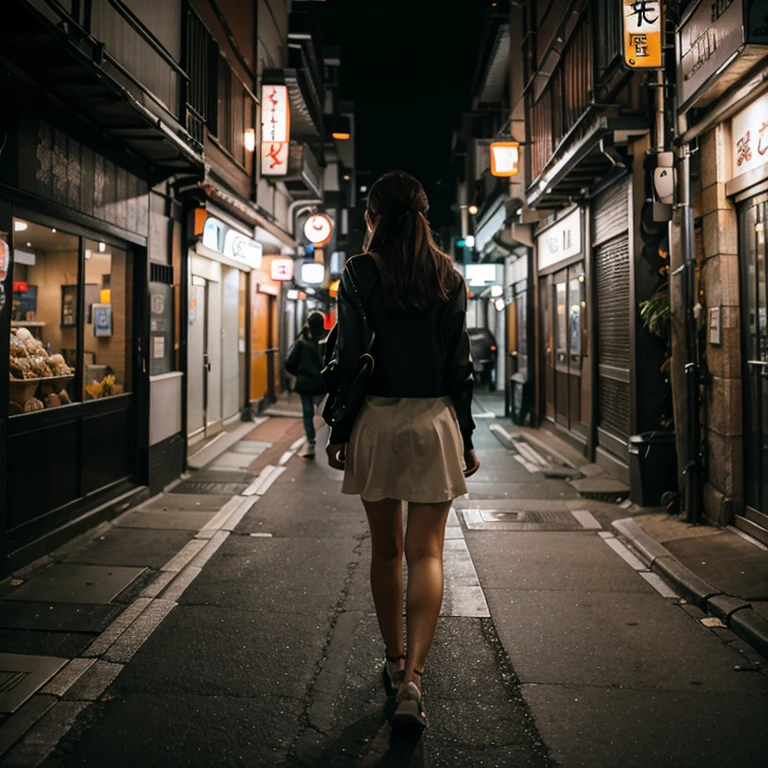 A girl walking in night for alleys in tokyo