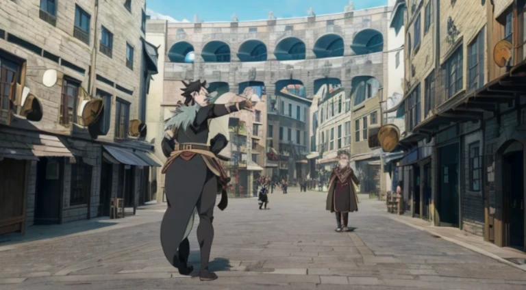 anime scene，There are many people walking around on the street, Renaissance port city background, Screenshot of black clover, boromir in an anime world, Gong in the anime world, Bustling magic town, Epic spacious courtyard, medeival fantasy town, Downtown background, Screenshot of the animated movie, anime scene, Opening scene