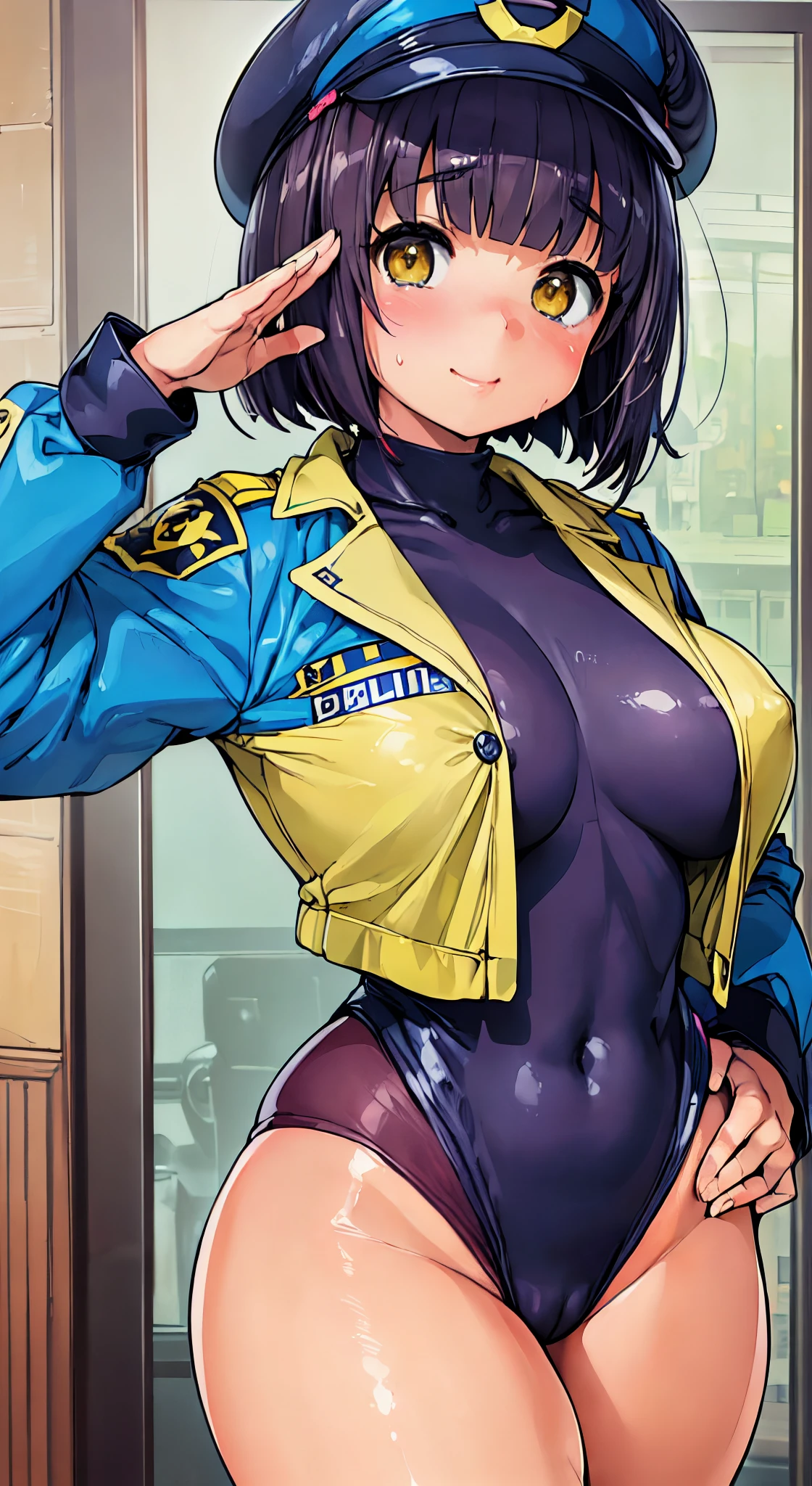 (Perfect body),Best Quality,(8K Portrait),(anime screen cap)、((Police Woman)),blush,Sweat,((large udder))、(Dark hair),((bob cuts))、Yellow eyes,(((thick thighs))),((((Navy blue leotard))))、  Woman、((A smile))、Cowboy Shot、((saluting))、((((Left hand on hip))))、(Navy blue jacket)、showing teeth、(((Wink)))、((Chibi))