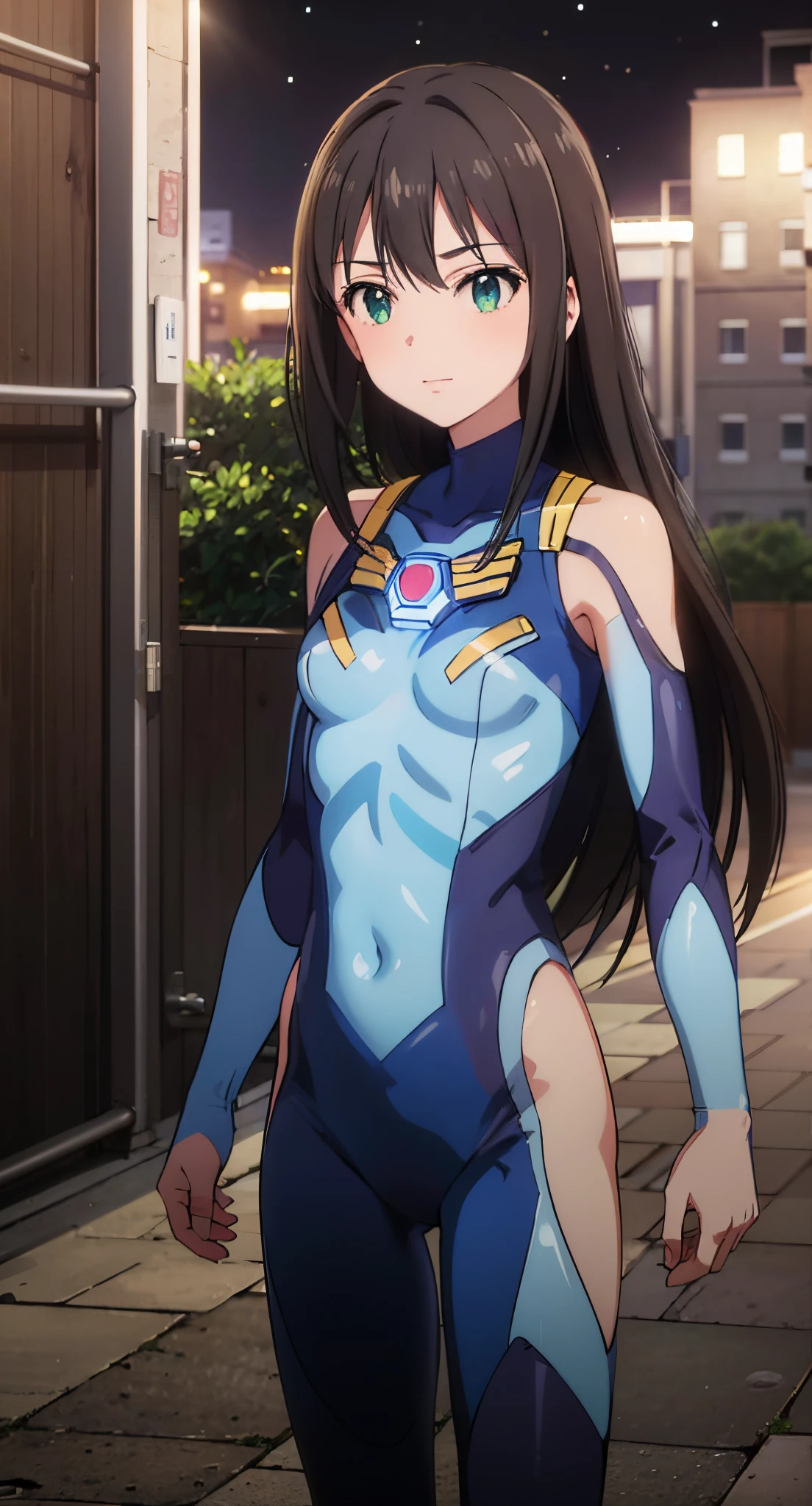 (masterpiece、top-quality、in 8K、hight resolution:1.2)、Alone、1girl in、 Rin Shibuya、taut clothes、cowboy shot、Look at viewers、A slight smil、Hero Suit、body suit、tight suit pose、Trained abs、Trained biceps、(nffsw :1.0)、 Blue Ultraman Bodysuit、glowing gemstone on the chest、(Buildings:1.2)、nighttime scene