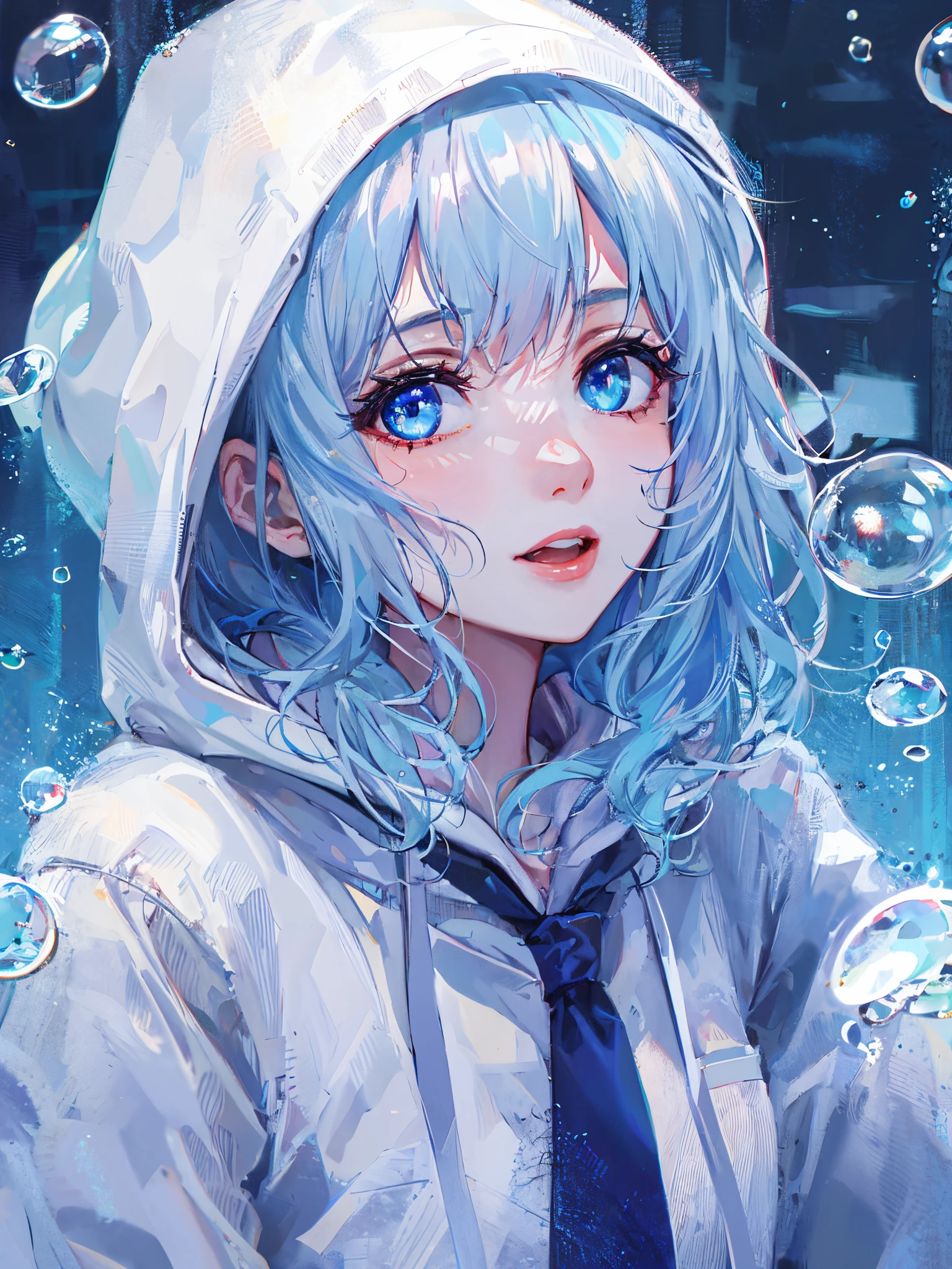 ((top-quality)), ((masterpiece)), ((ultra-detailliert)), (Extremely delicate and beautiful), girl with, report, cold attitude,((White hoodie)),She is very(relax)with the(Settled down)Looks,depth of fields,Evil smile,Bubble, under the water, Air bubble,Underwater world bright light blue eyes,inner color with bright gray hair and light blue tips,,,,,,,,,,,,,,,,,,,,,,Cold background,Bob Hair - Linear Art, shortpants、knee high socks、White uniform like school uniform、Light blue ribbon ties、Clothes are sheer、The hand in my right pocket is like a sapphire,Fronllesse Blue, A small blue light was floating、fantastic eyes、selfy,Self-shot、Bangs fall on the eyes, (give a sexy impression.)
