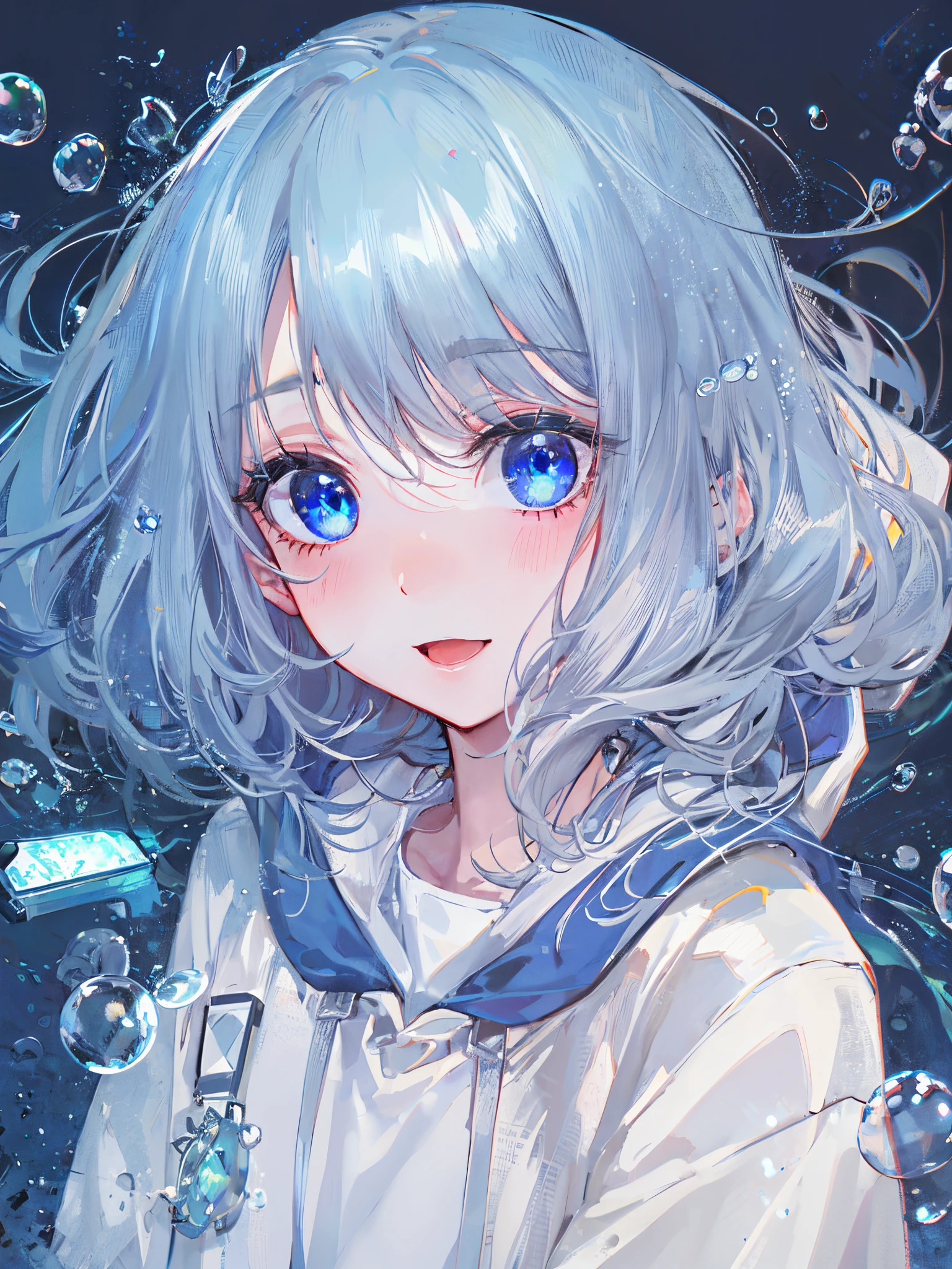 ((top-quality)), ((​masterpiece)), ((ultra-detailliert)), (Extremely delicate and beautiful), girl with, report, cold attitude,((White hoodie)),She is very(relax)with  the(Settled down)Looks,depth of fields,Evil smile,Bubble, under the water, Air bubble,Underwater world bright light blue eyes,inner color with bright gray hair and light blue tips,,,,,,,,,,,,,,,,,,,,,,,Cold background,Bob Hair - Linear Art, shortpants、knee high socks、White uniform like school uniform、Light blue ribbon ties、Clothes are sheer、The hand in my right pocket is like a sapphire,Fronllesse Blue, A small blue light was floating、fantastic eyes、selfy,Self-shot、Bangs fall on the eyes, give a sexy impression.