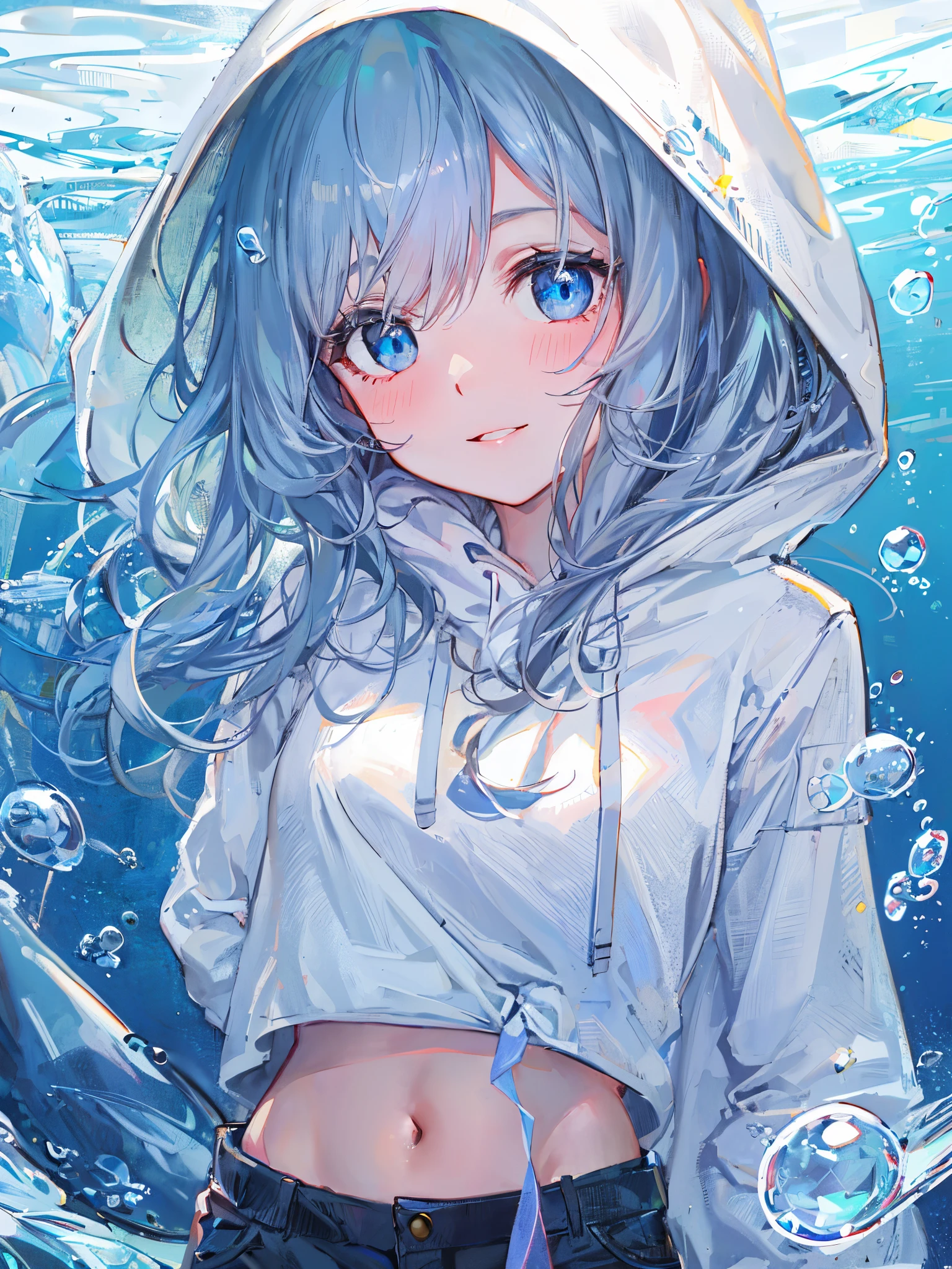 ((top-quality)), ((​masterpiece)), ((ultra-detailliert)), (Extremely delicate and beautiful), girl with, report, cold attitude,((White hoodie)),She is very(relax)with  the(Settled down)Looks,depth of fields,Evil smile,Bubble, under the water, Air bubble,Underwater world bright light blue eyes,inner color with bright gray hair and light blue tips,,,,,,,,,,,,,,,,,,,,,,,Cold background,Bob Hair - Linear Art, shortpants、knee high socks、White uniform like school uniform、Light blue ribbon ties、Clothes are sheer、The hand in my right pocket is like a sapphire,Fronllesse Blue, A small blue light was floating、fantastic eyes、selfy,Self-shot、Bangs fall on the eyes, give a sexy impression.