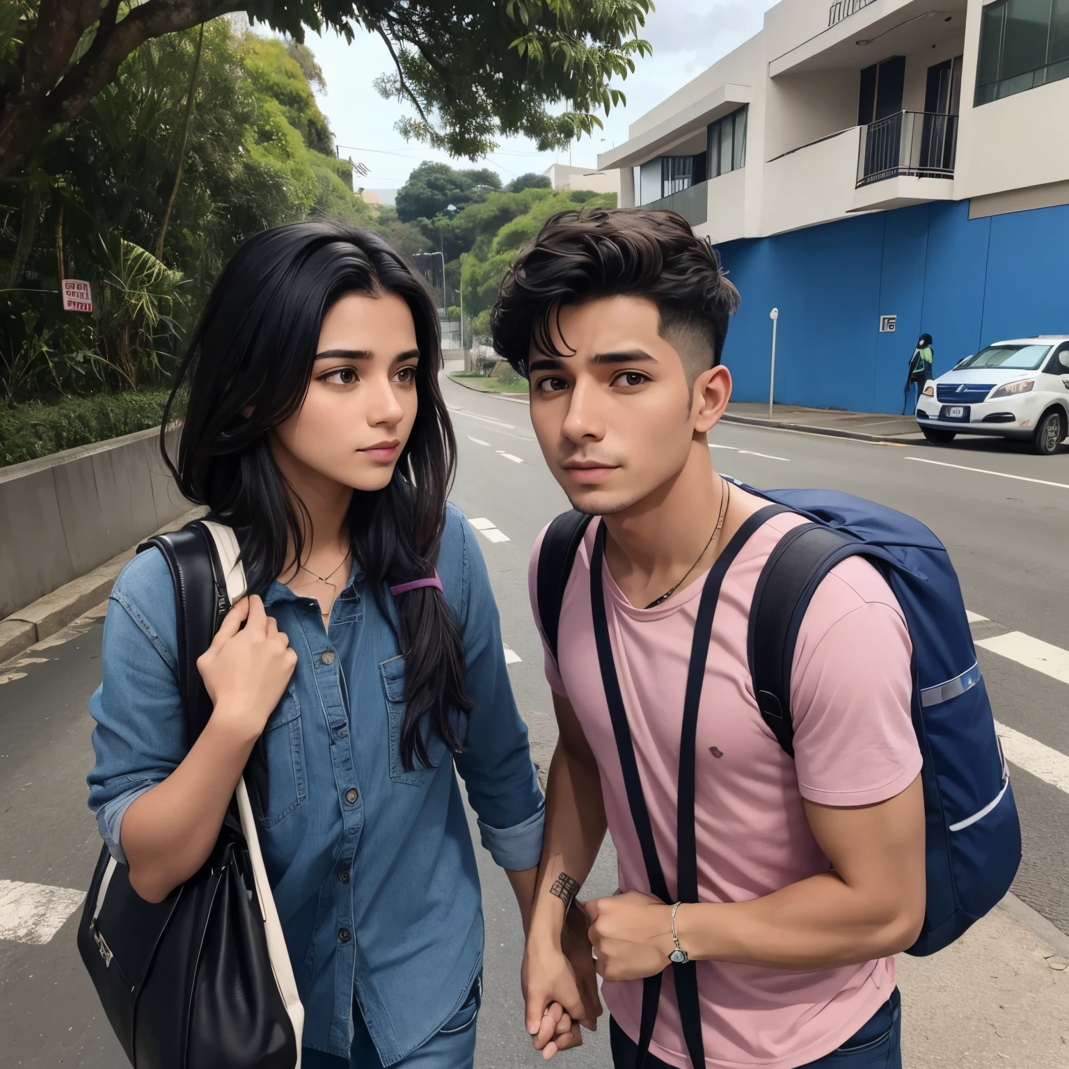 Dois casais heterossexuais atravessando uma ponte com diversas malas e mochilas