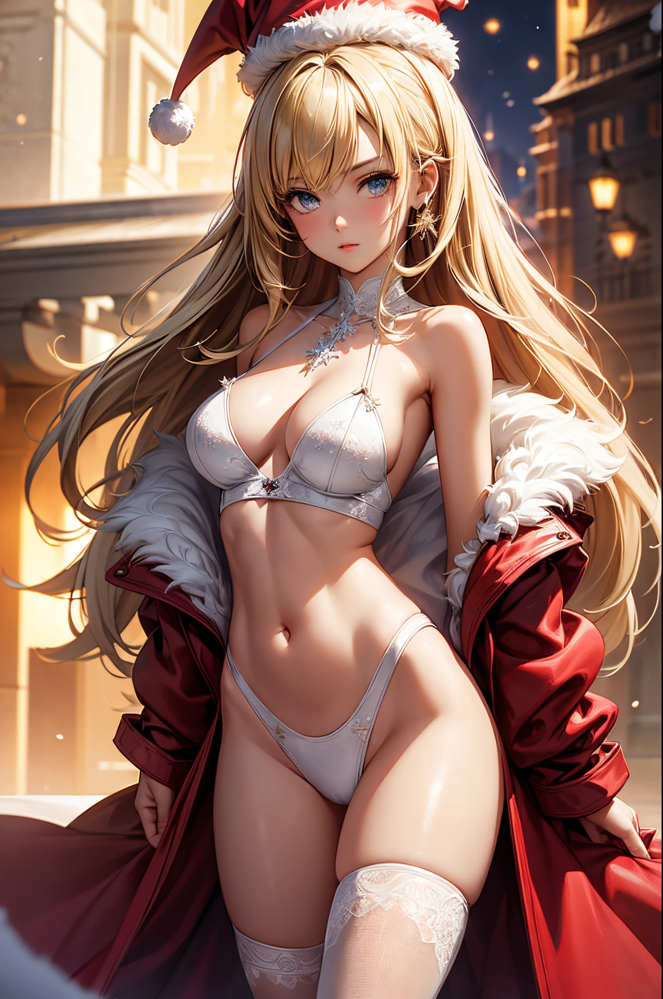 (masterpiece), (best quality), (detailed), light layer, 1solo girl, young girl, perfect body, blonde hair, defined chest, defined collarbone, ultra realistic, photorealistic, detailed, ,Enhance, wearing a santa suit with thigh high red boots and santa cap, outside, black of night, snowflake pattern,