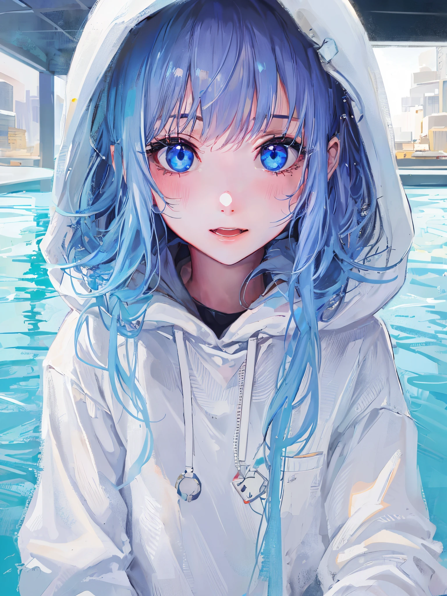 ((top-quality)), ((​masterpiece)), ((ultra-detailliert)), (Extremely delicate and beautiful), girl with, report, cold attitude,((White hoodie)),She is very(relax)with  the(Settled down)Looks,depth of fields,Evil smile,Bubble, under the water, Air bubble,Underwater world bright light blue eyes,inner color with bright gray hair and light blue tips,,,,,,,,,,,,,,,,,,,,,,,Cold background,Bob Hair - Linear Art, shortpants、knee high socks、White uniform like school uniform、Light blue ribbon ties、Clothes are sheer、The hand in my right pocket is like a sapphire,Fronllesse Blue, A small blue light was floating、fantastic eyes、selfy,Self-shot、Bangs fall on the eyes, give a sexy impression.